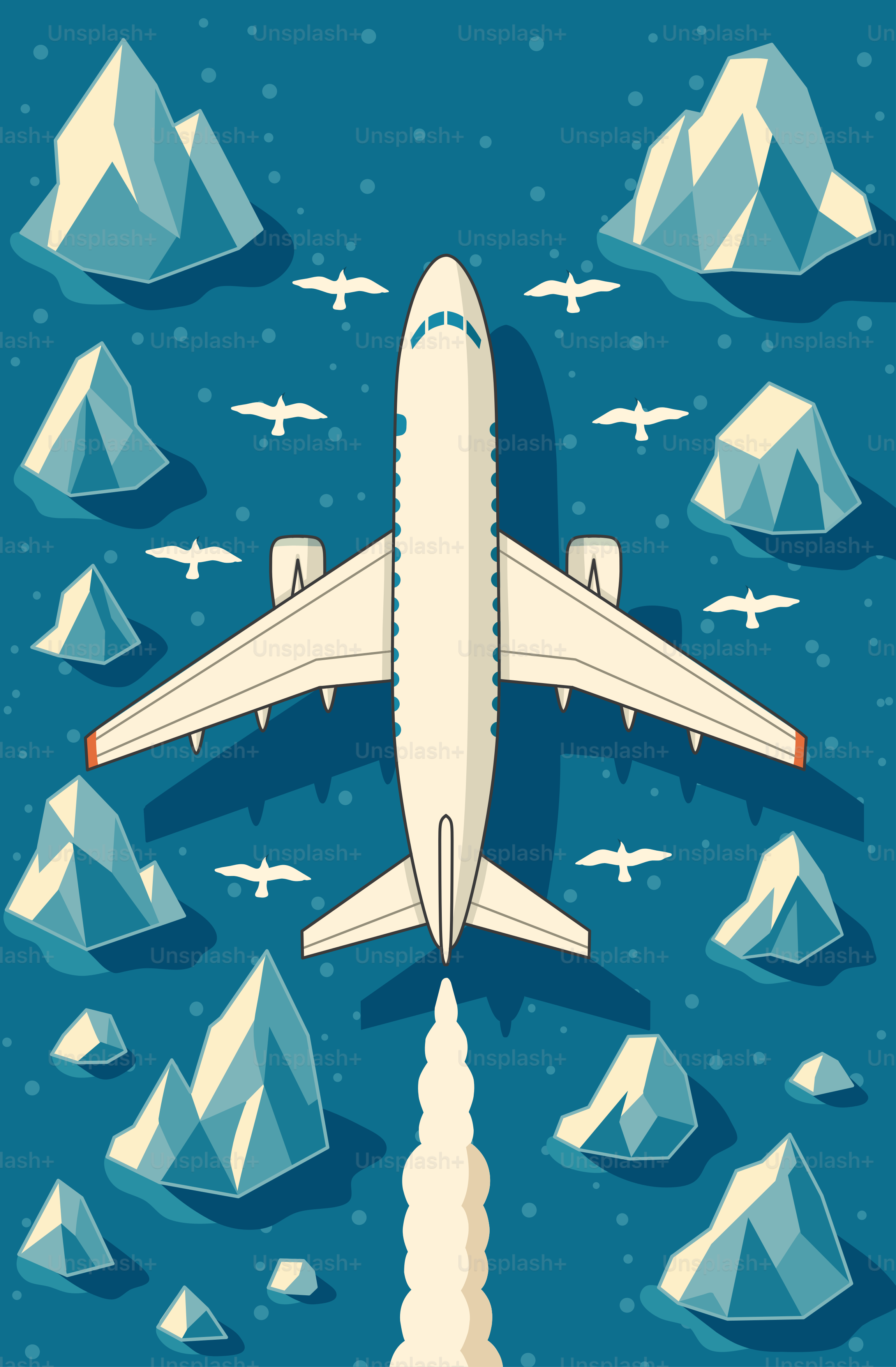 Ein Flugzeug fliegt über Eisbergen und Meer.
