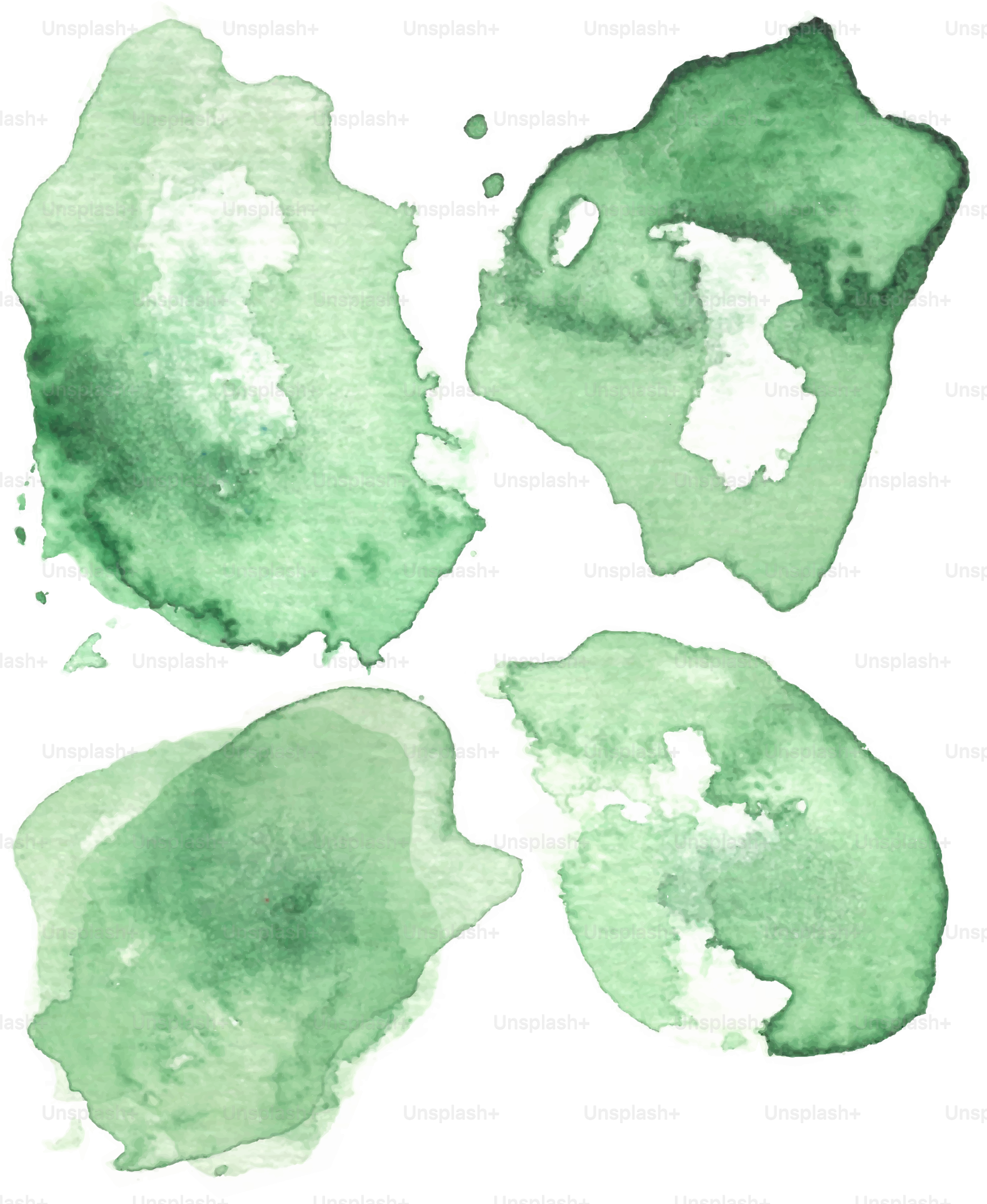 Four green watercolor blotches against white background.