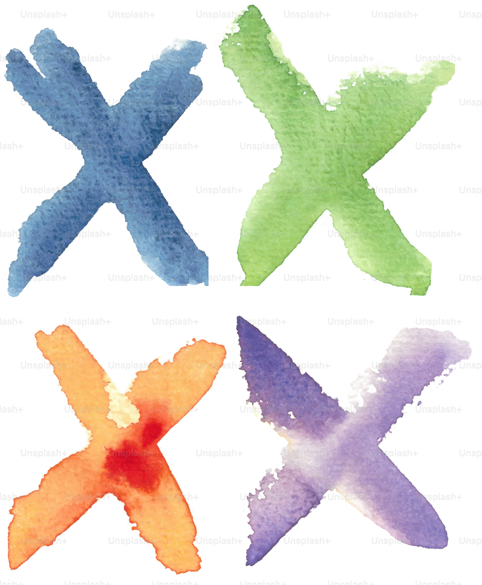 Empat tanda "x" cat air dalam berbagai warna.