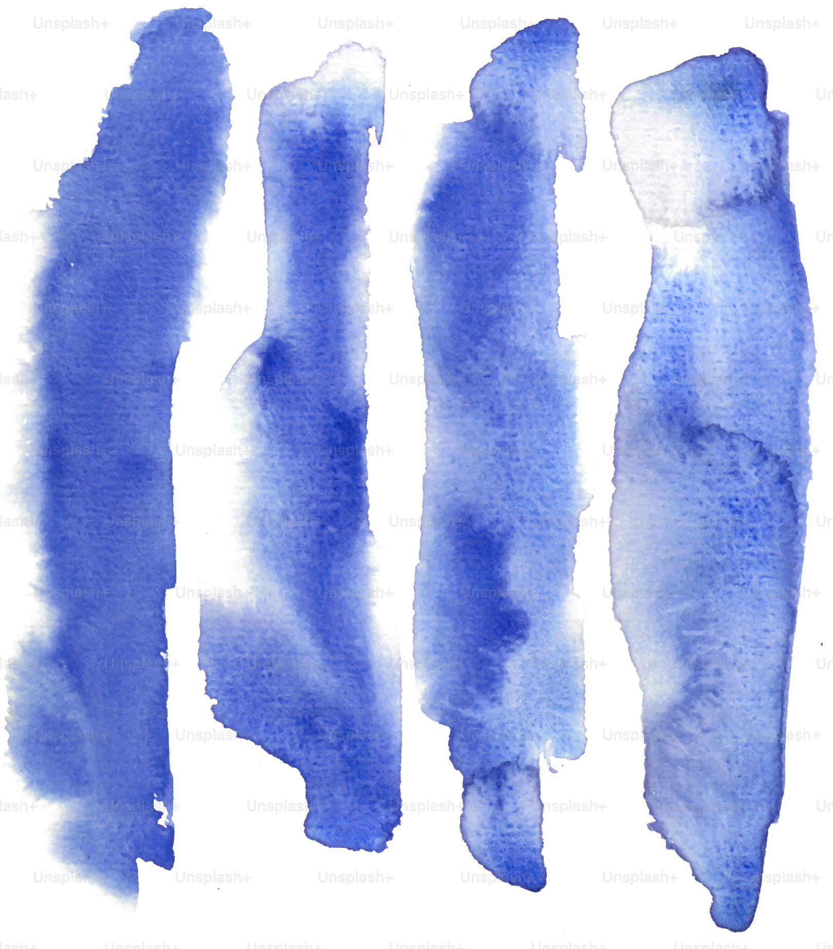 Quatro pinceladas de aquarela azul são exibidas