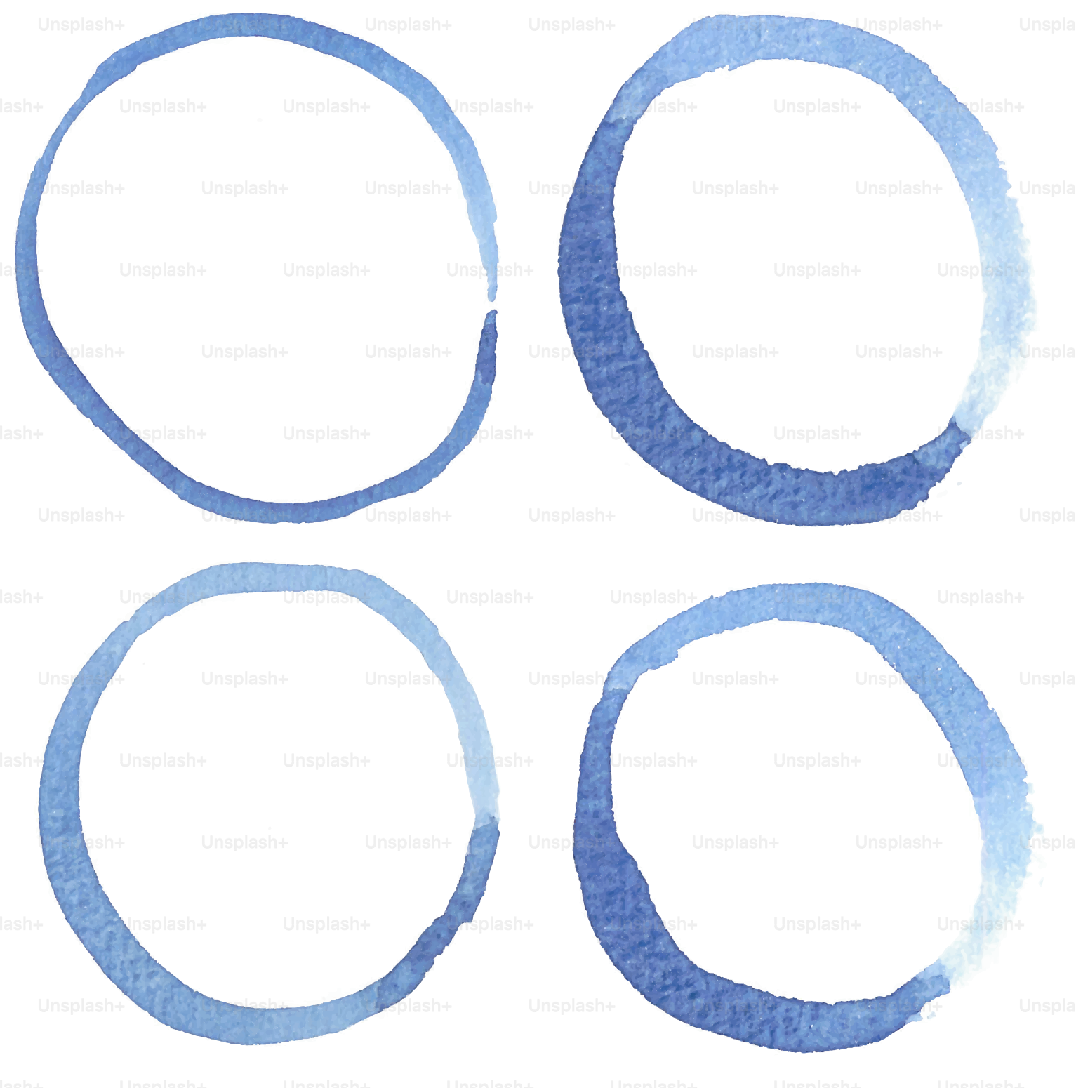 Four blue circular shapes on a white background.