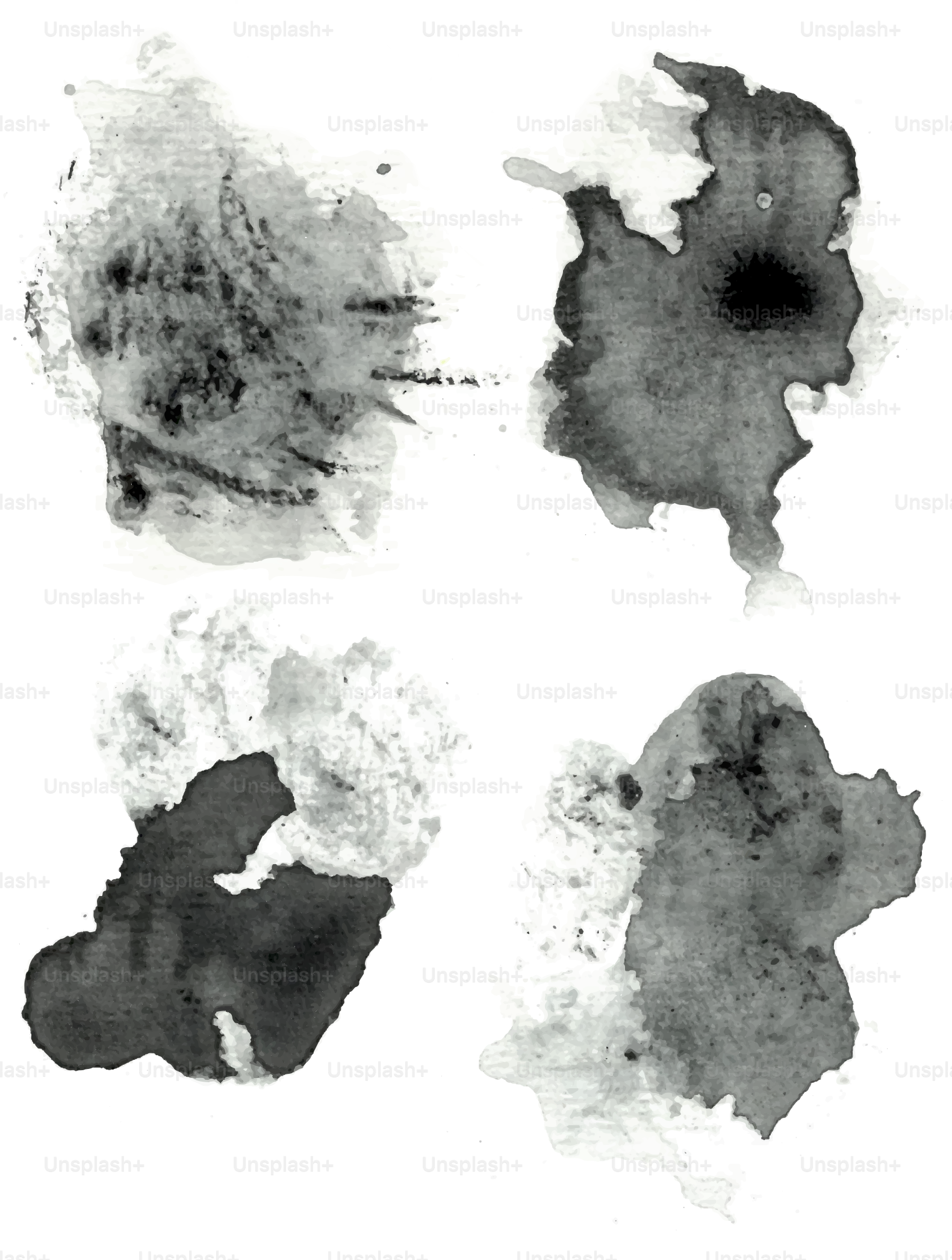 Four abstract blots of dark ink.