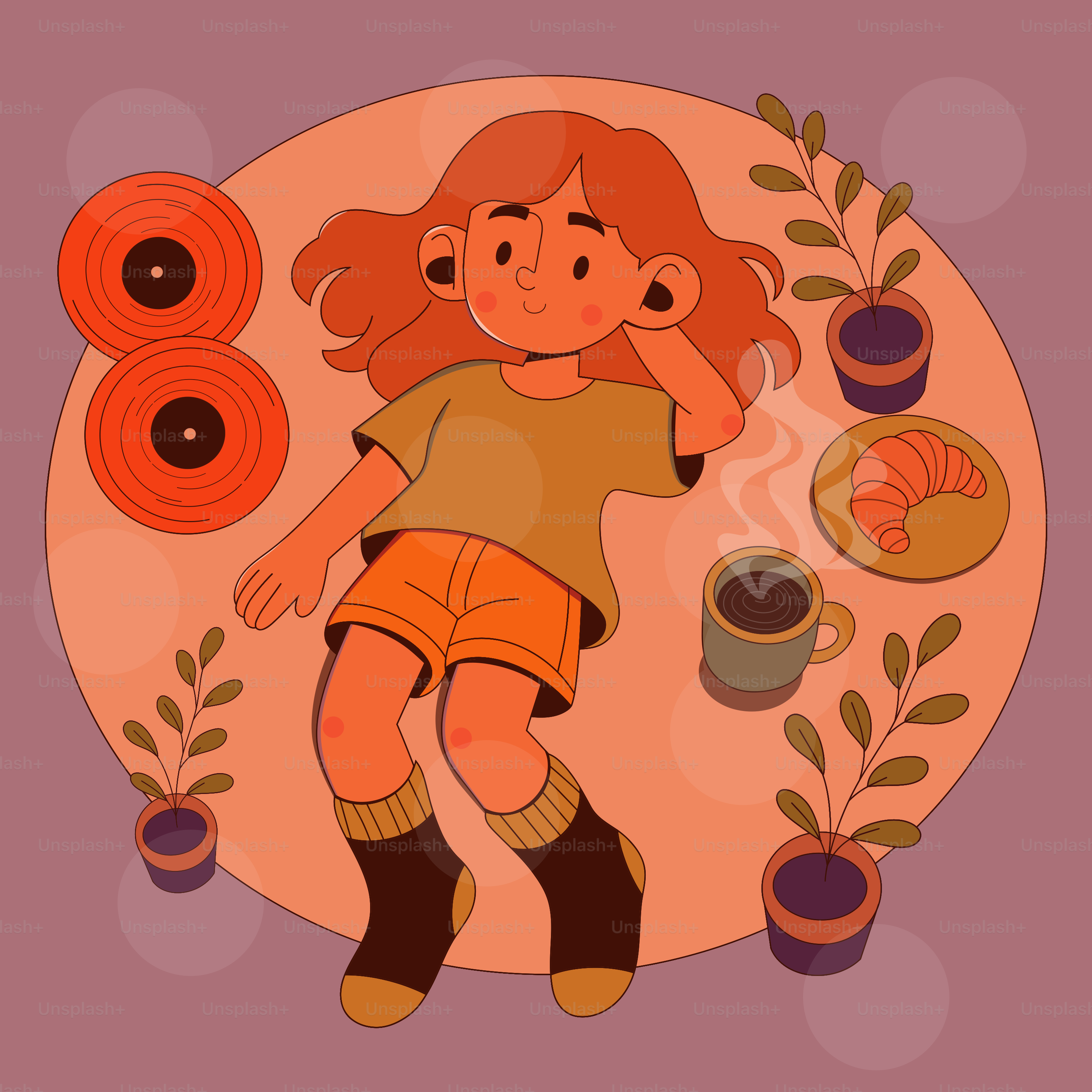 한 소녀는 커피와 음악과 함께 여가를 즐깁니다.