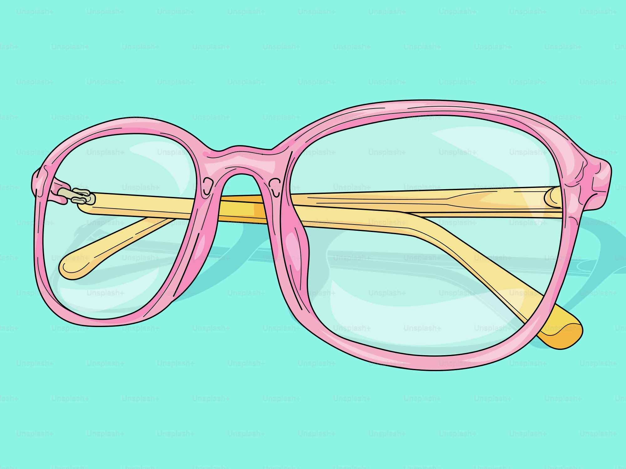 Here is a caption: pink eyeglasses on a turquoise background.