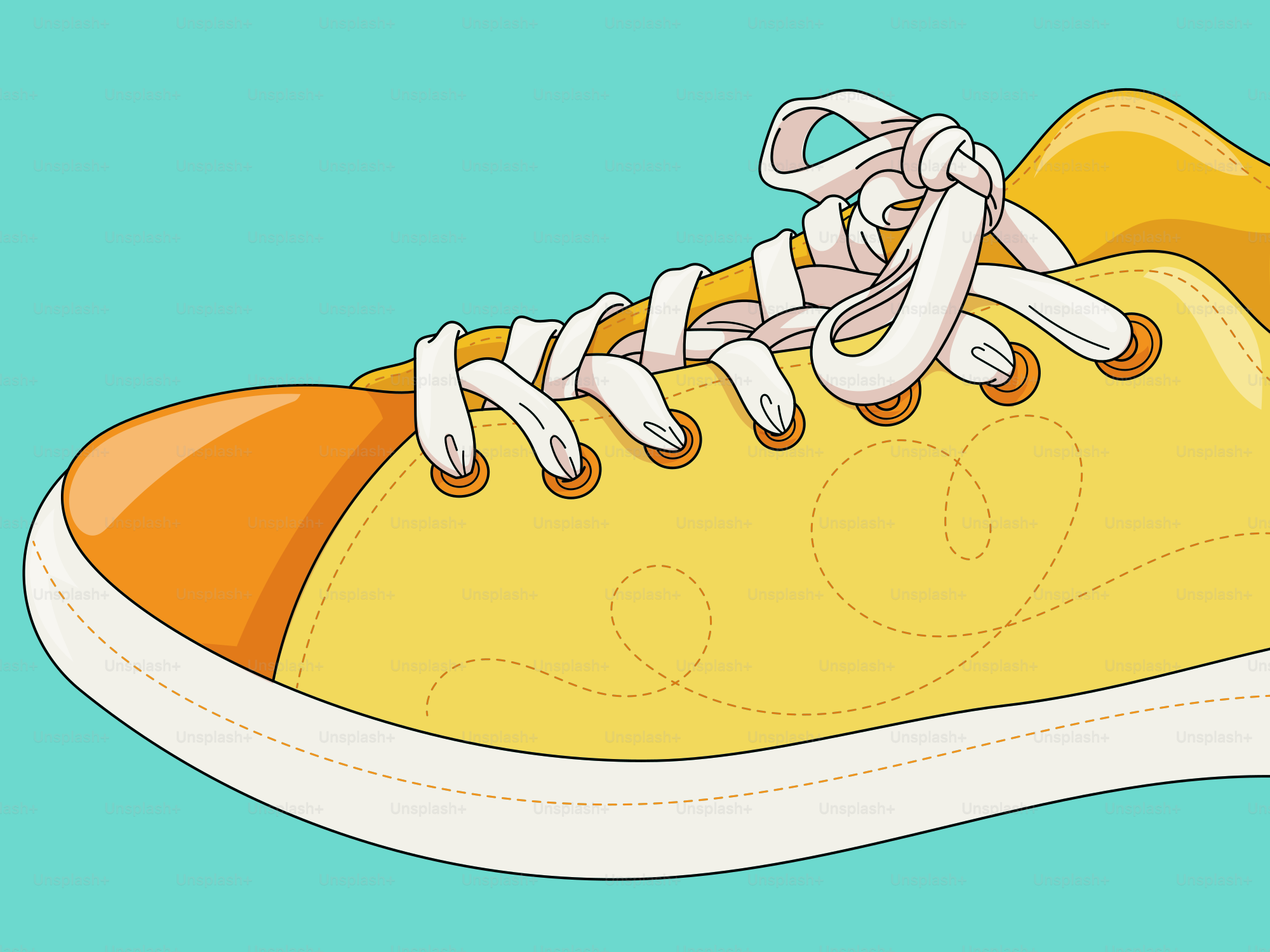 Une basket jaune avec des lacets blancs.