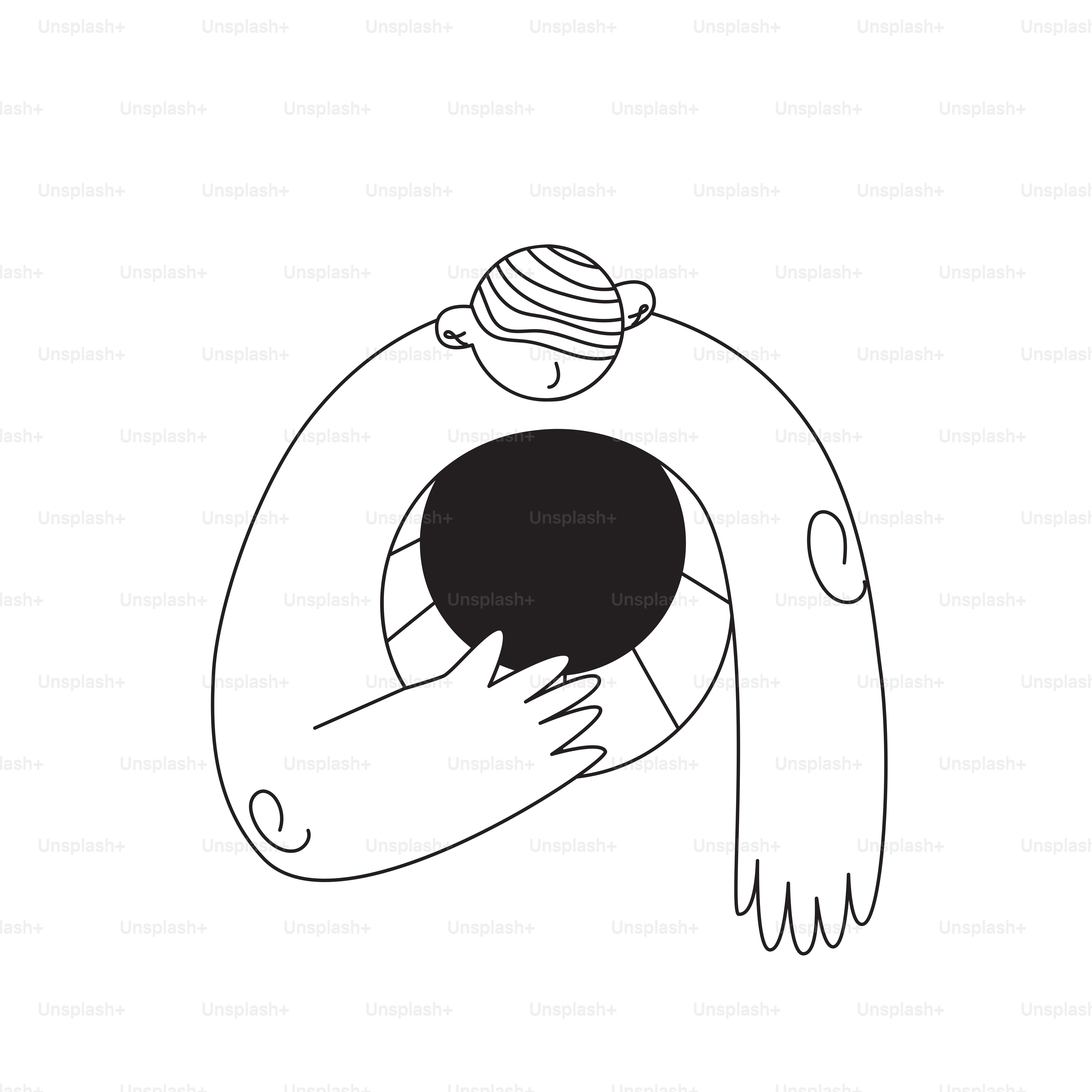 A person embraces a dark circle.