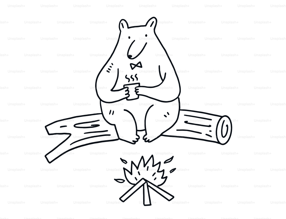 A bear enjoys hot cocoa by the campfire.