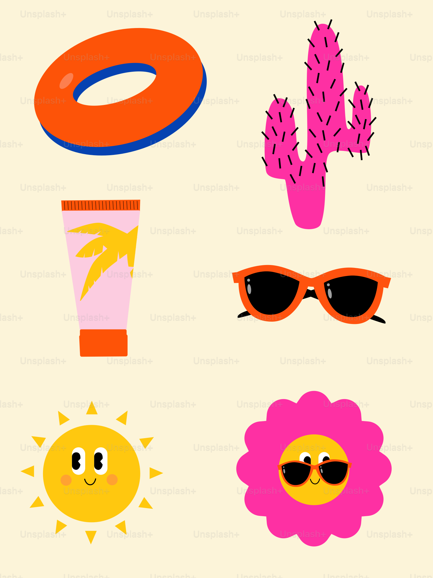 Summer-themed icons and illustrations on a cream background.