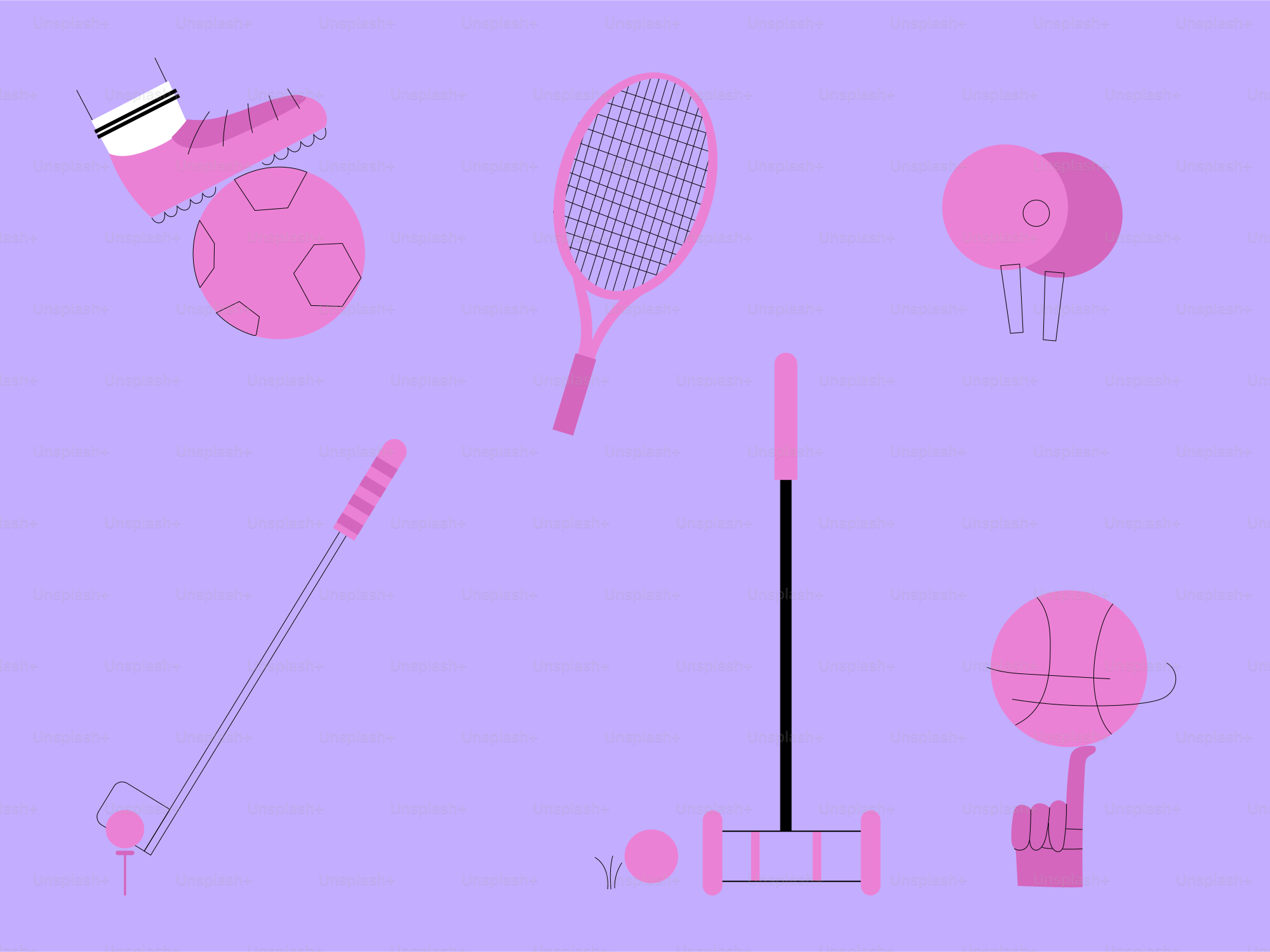 Pink sports equipment arranged on a purple background.