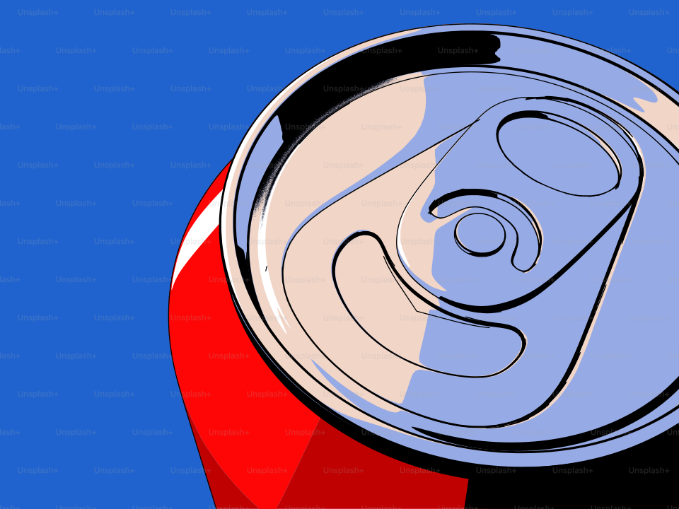 A soda can close-up on a blue background.