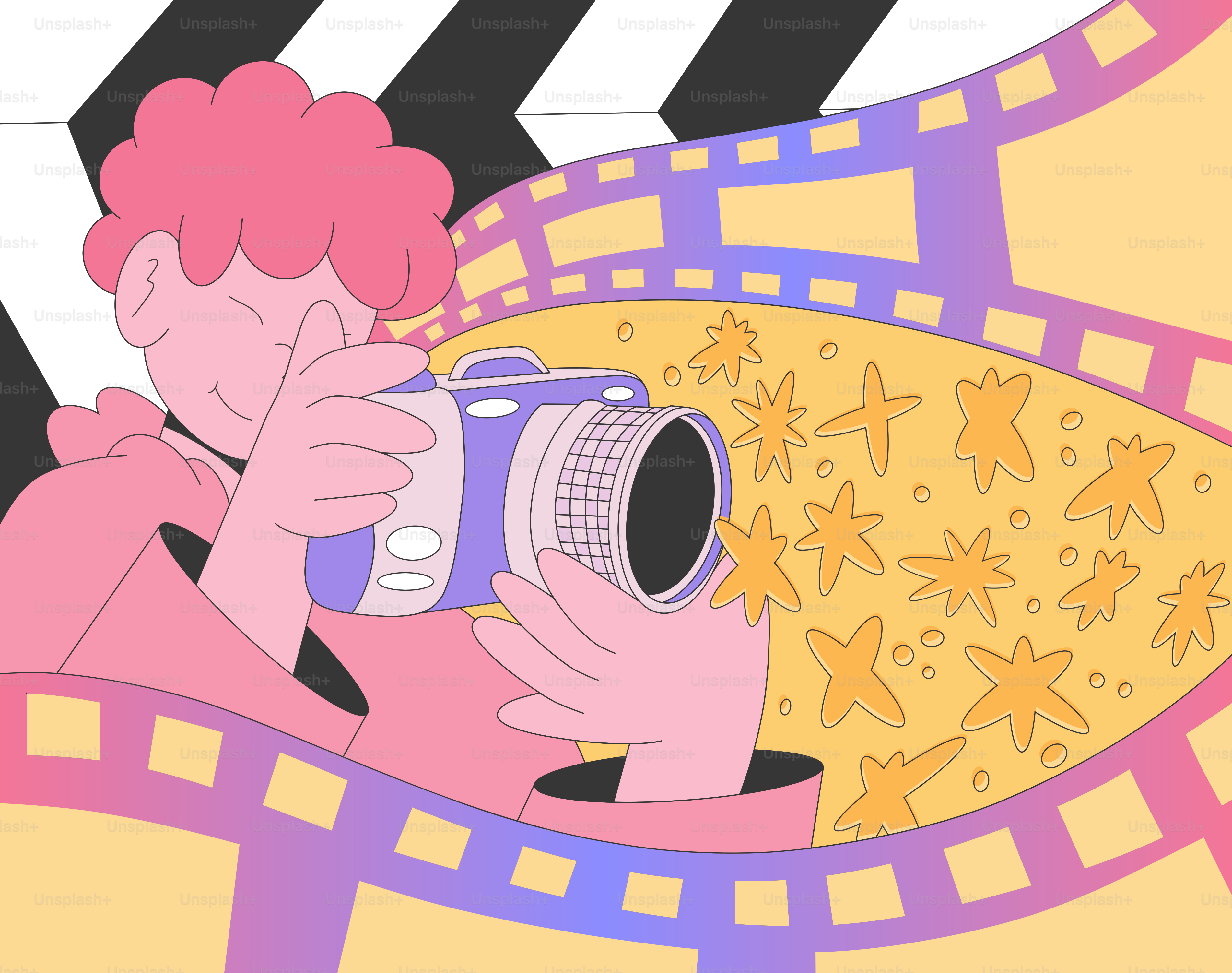 Une personne prend des photos entourée de bandes de film.