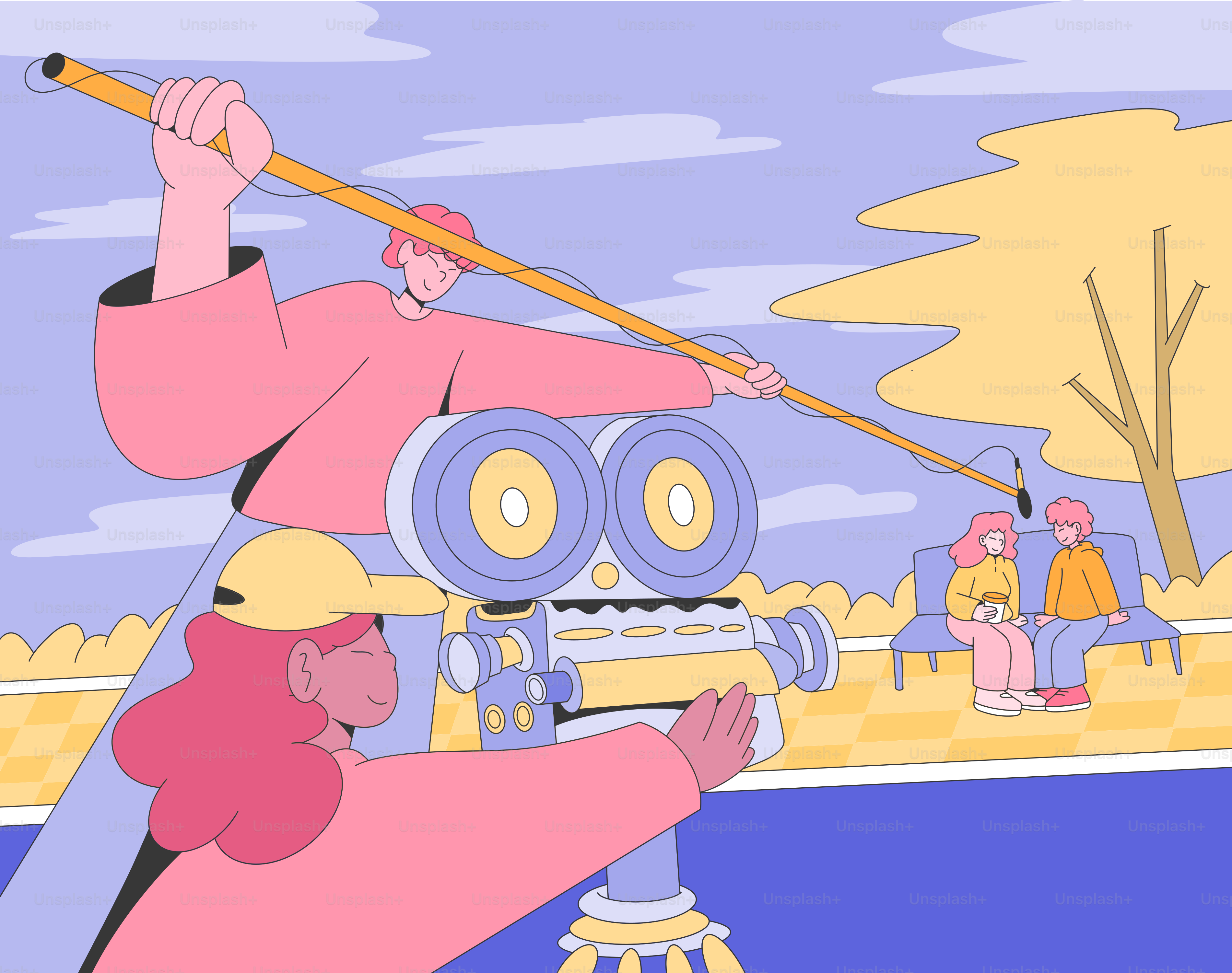 공원에서 한 장면을 촬영하는 영화 제작진.