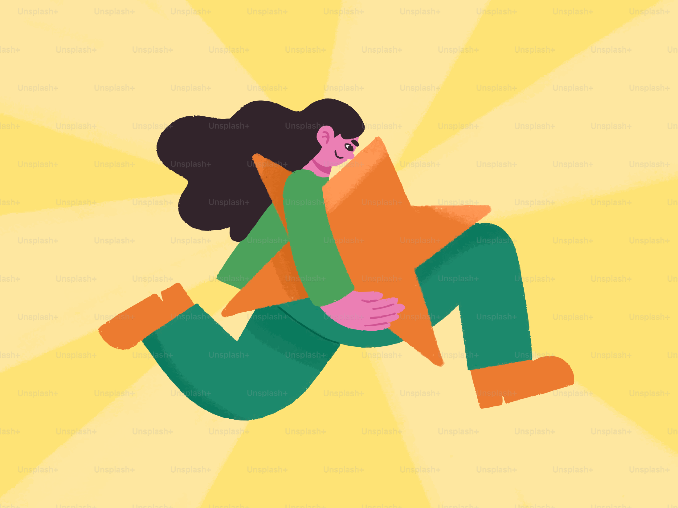 Woman runs with a star, achieving success.