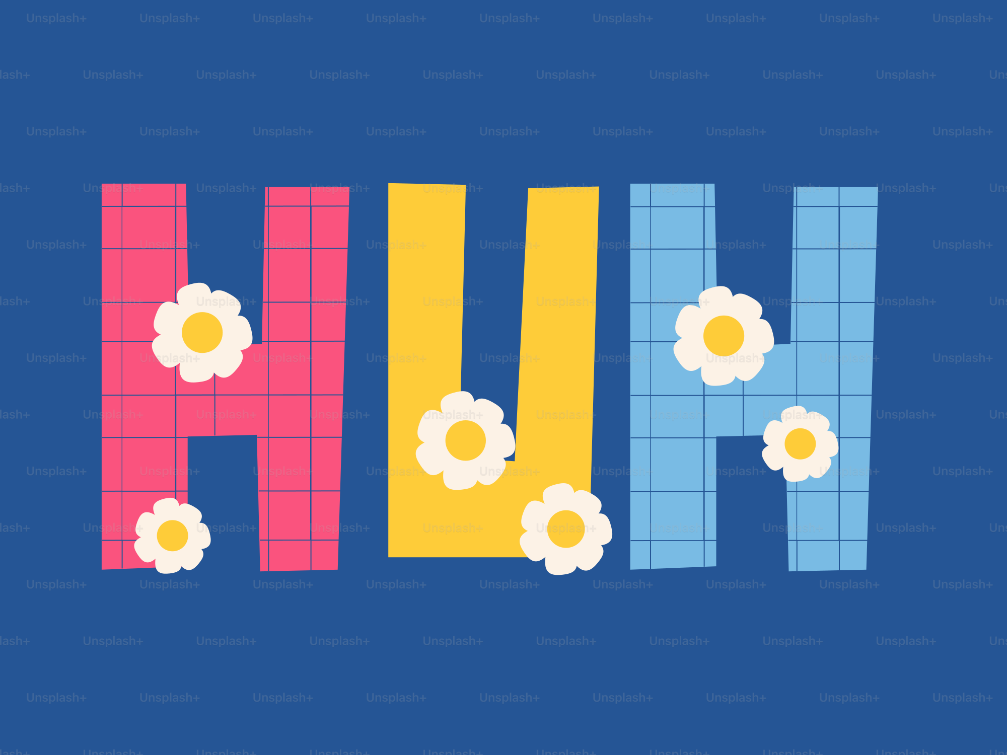 Colorful "huh" with flowers on a blue background.