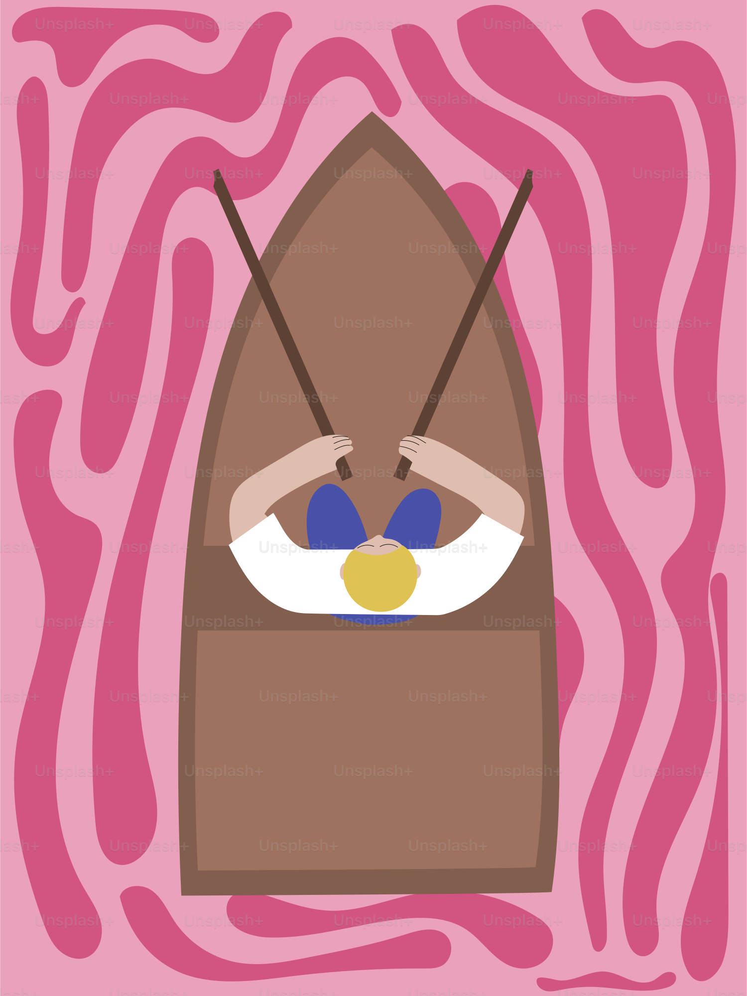 A person rows a boat on swirling pink water.