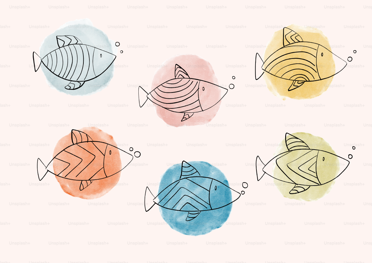 Seis peixes estilizados nadam em círculos coloridos.