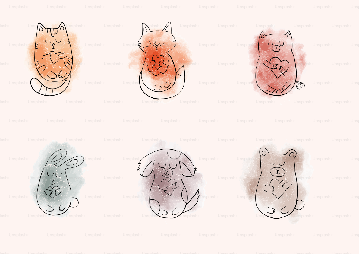 Aquarelltiere mit Herzen und Umrissen.