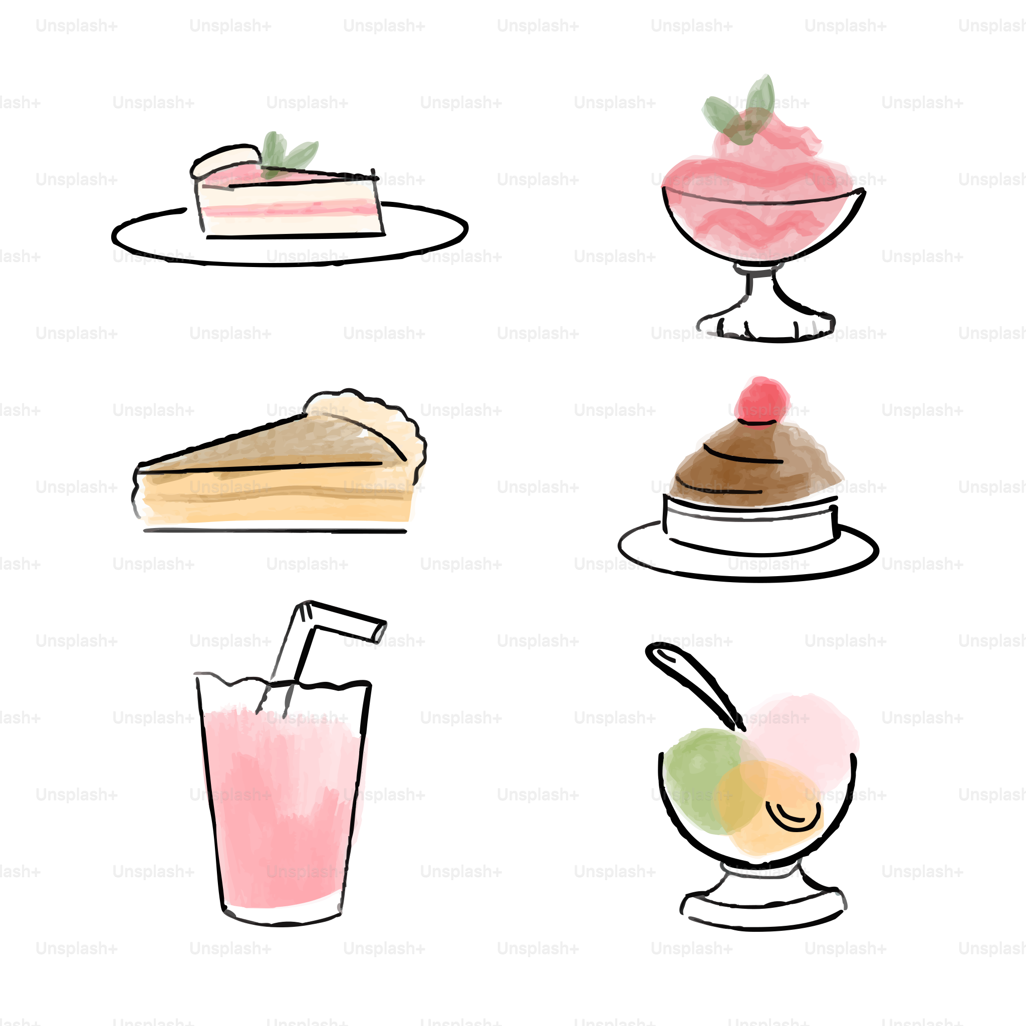 Delicious desserts: cake, ice cream, and drinks.
