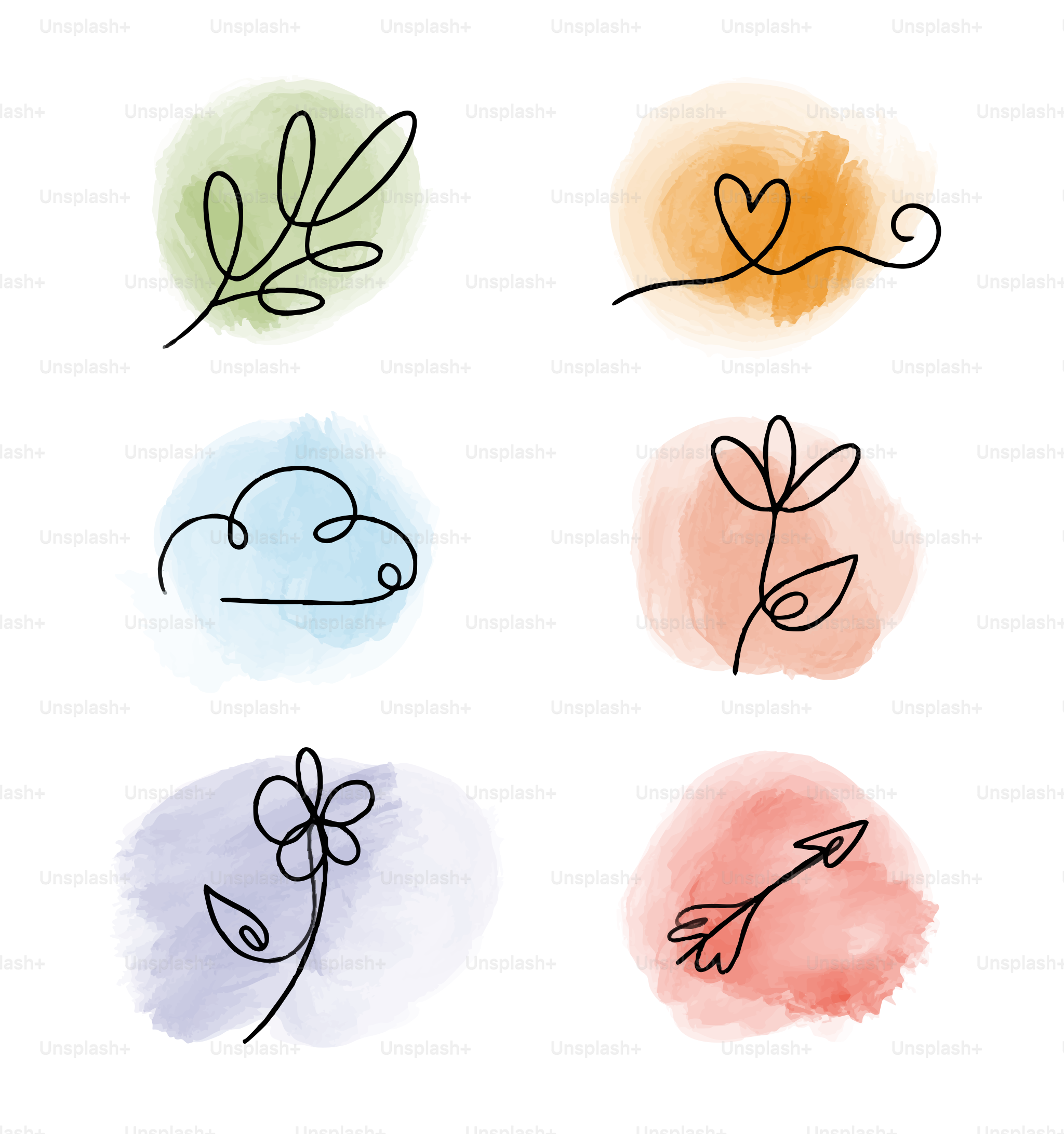 Line drawings of flowers, heart, leaf, and cloud.