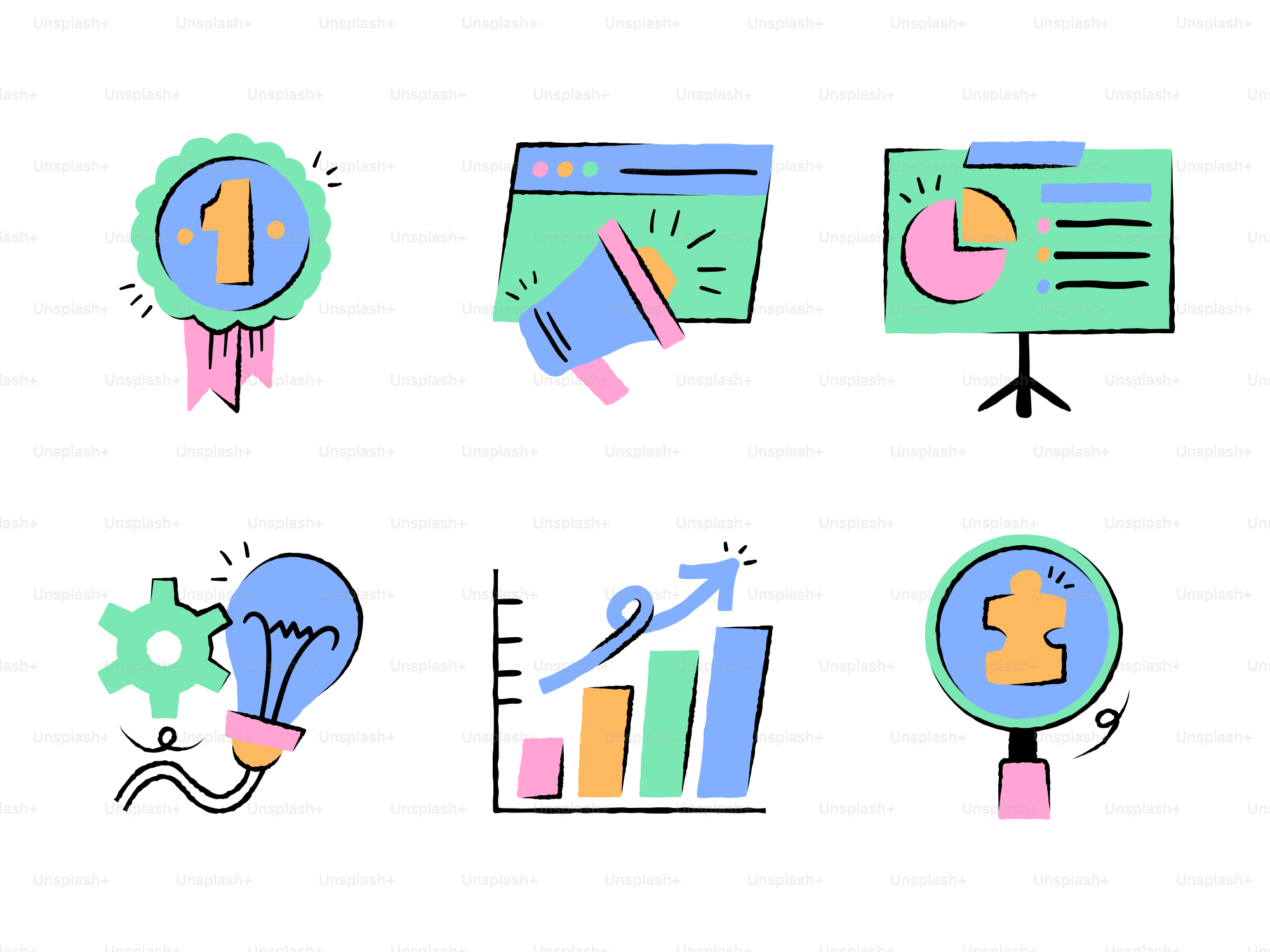 Marketing and business icons are displayed.