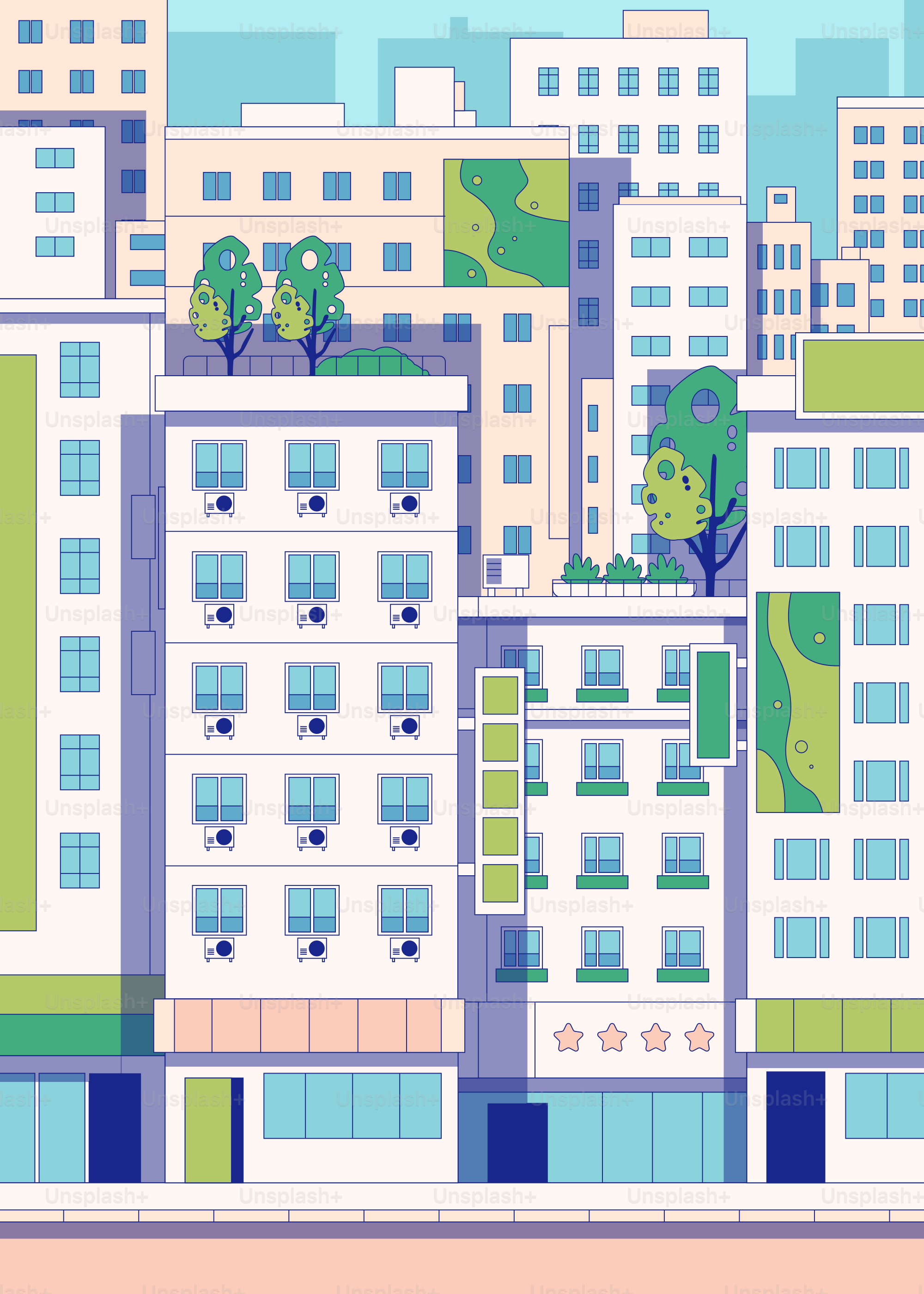 Colorful buildings and rooftops create a vibrant city scene.