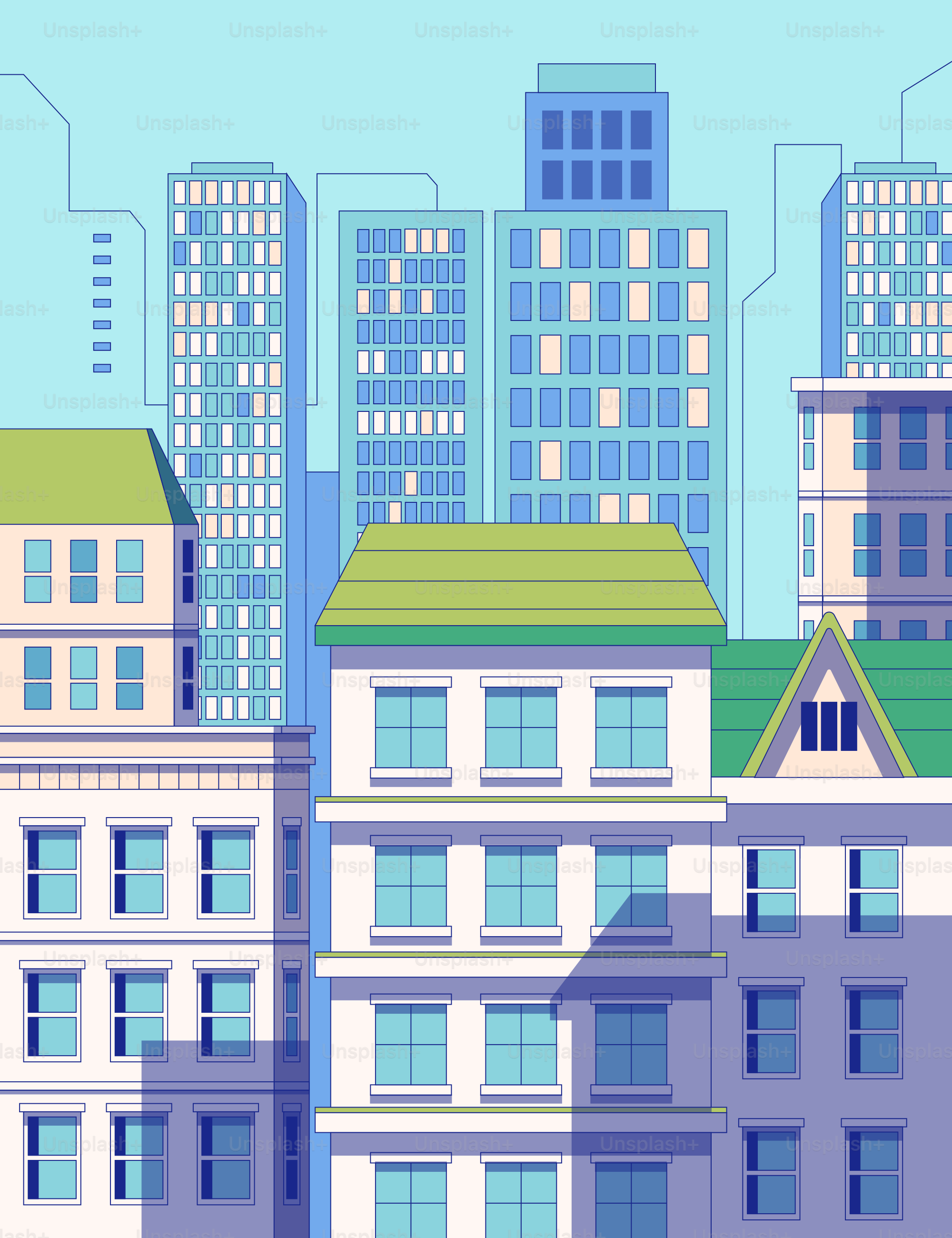 Buildings in a city are illustrated.