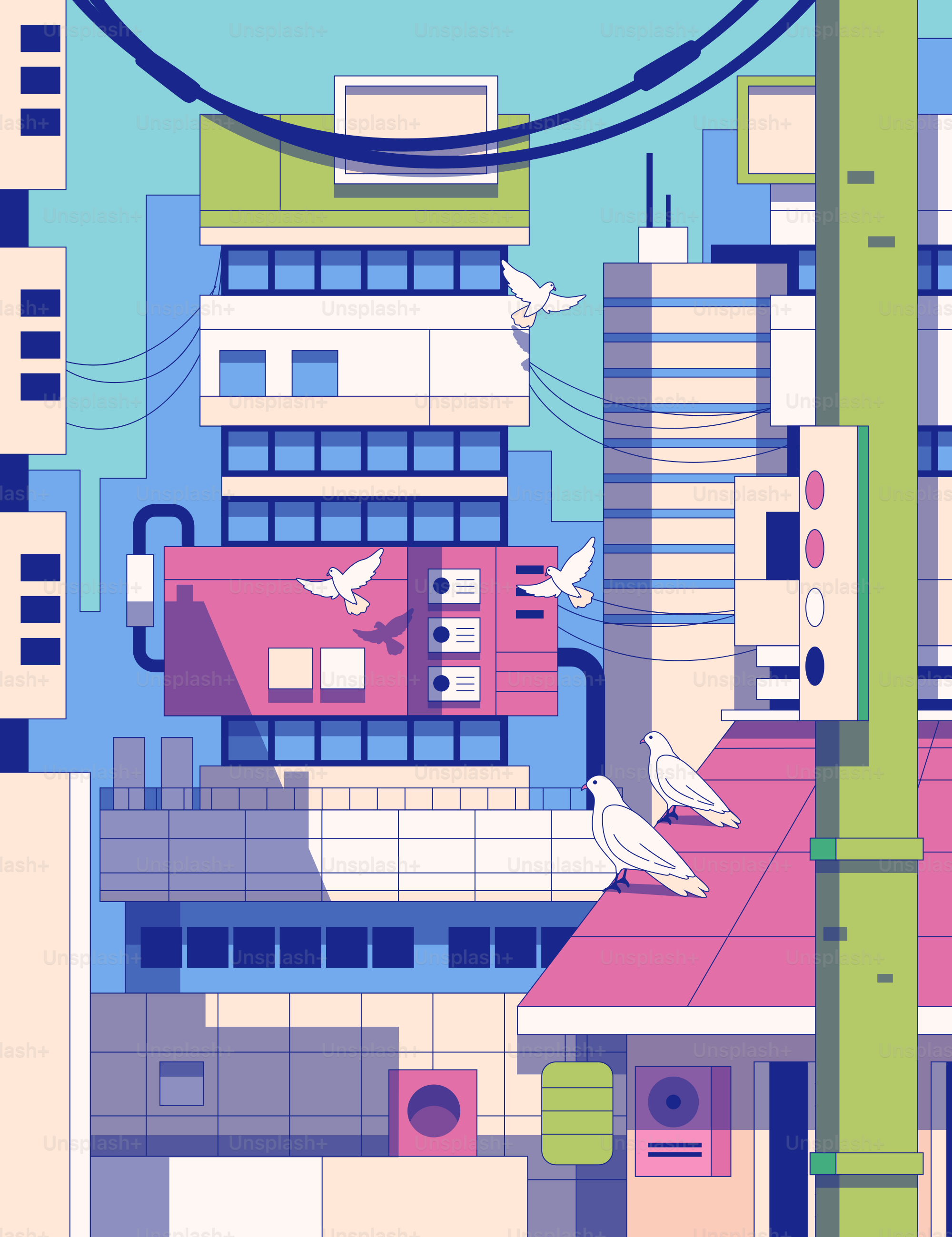 Des oiseaux volent autour des bâtiments colorés de la ville.