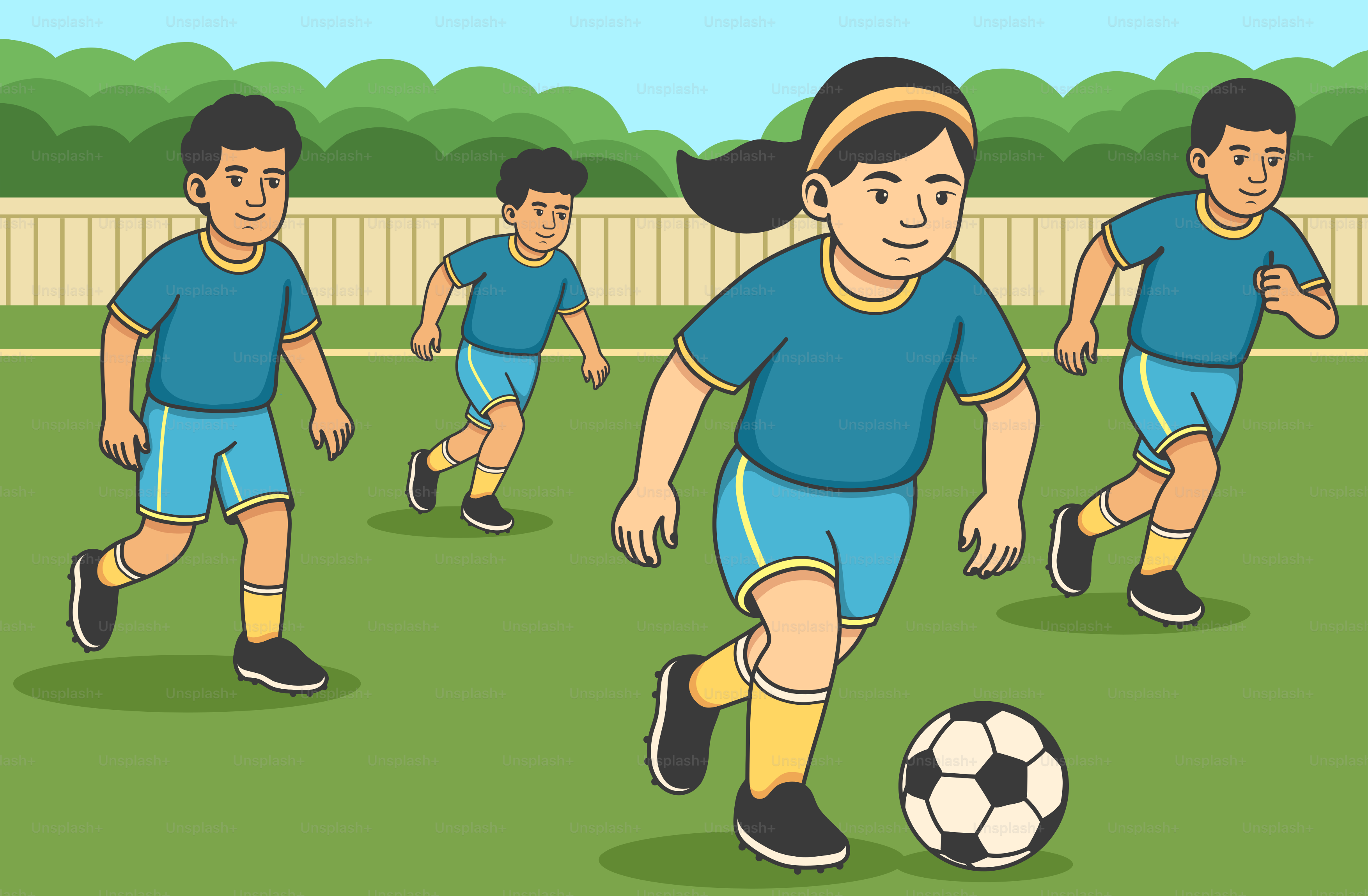 Children are playing soccer on a field.