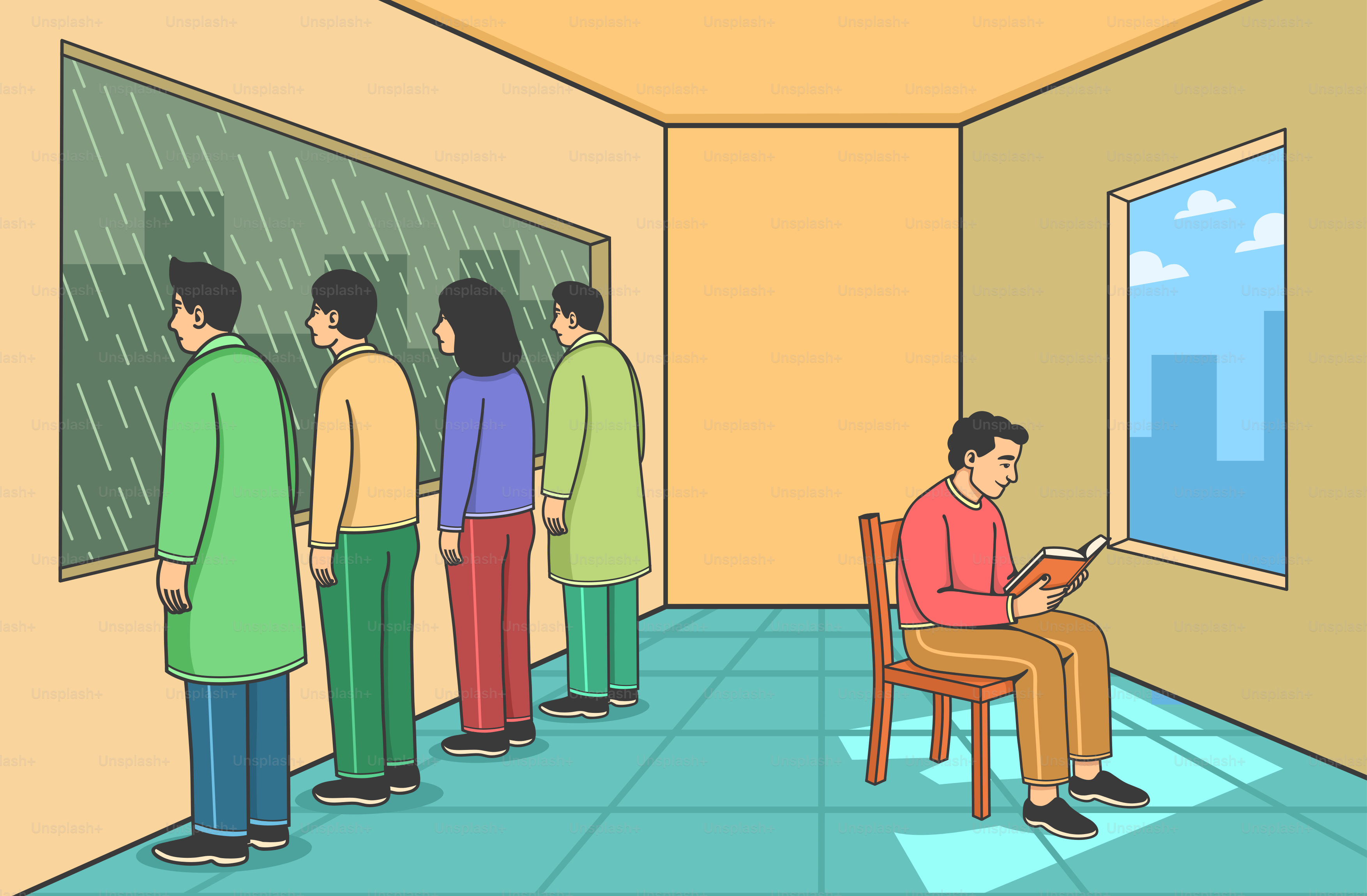 La gente guarda la pioggia mentre una persona legge al chiuso.