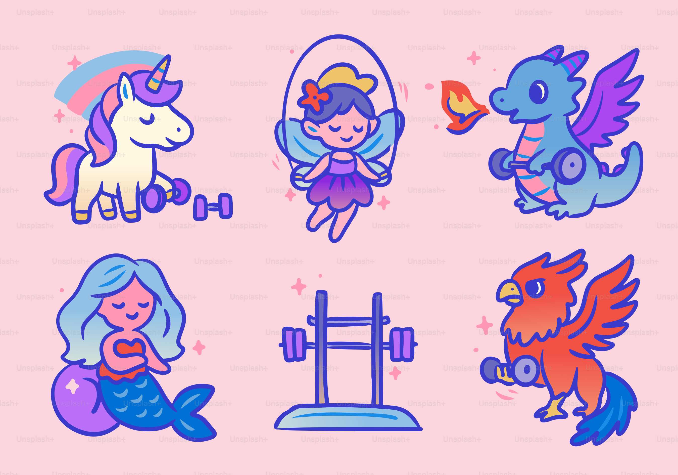 Magical creatures are working out with weights.