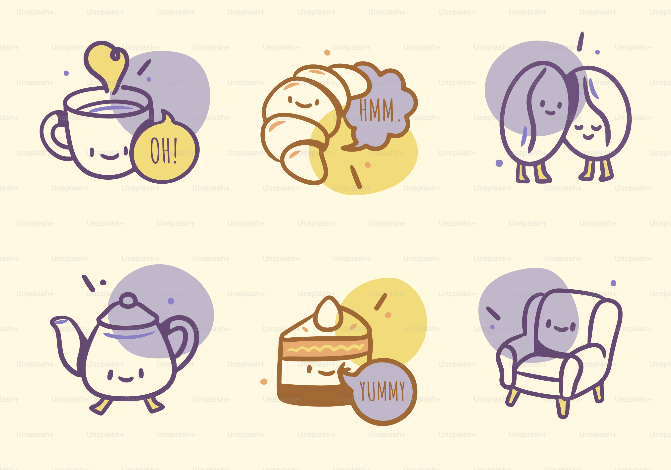 Cute food and drinks smiling in kawaii illustrations.