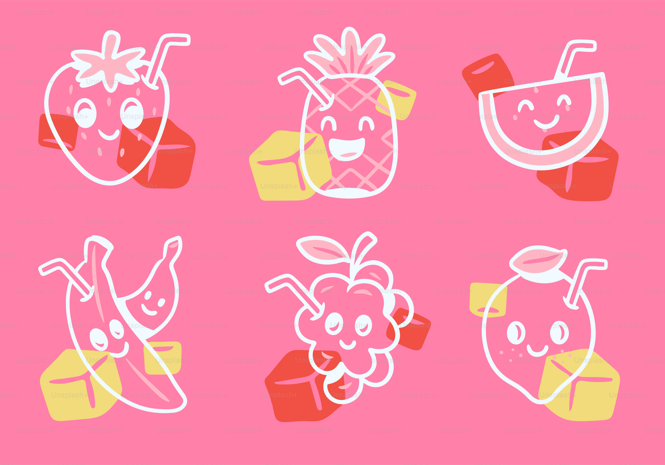 Adorable fruit drinks with straws and ice cubes.