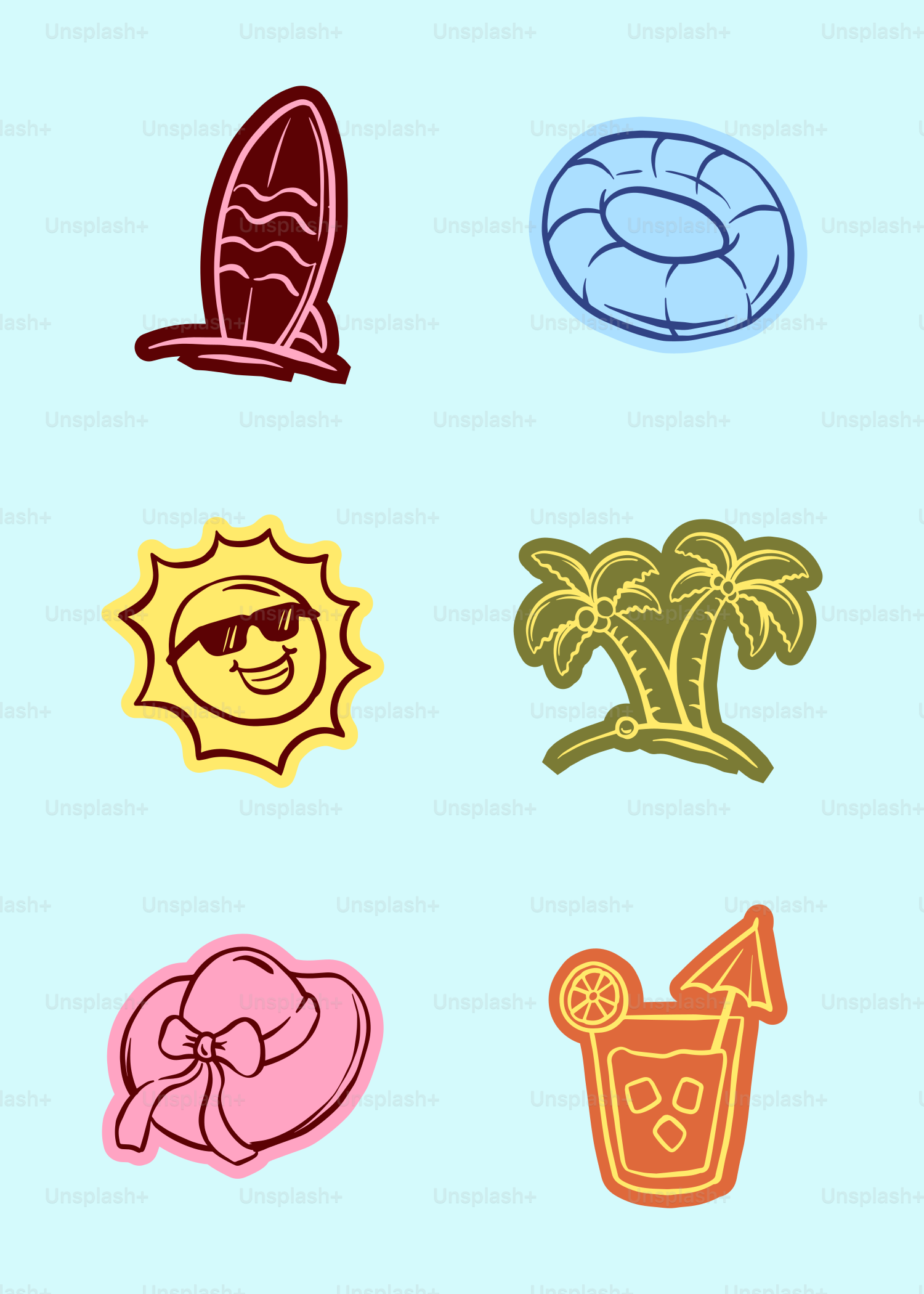 Icone estive: tavola da surf, galleggiante, sole, palme, cappello e bevanda.