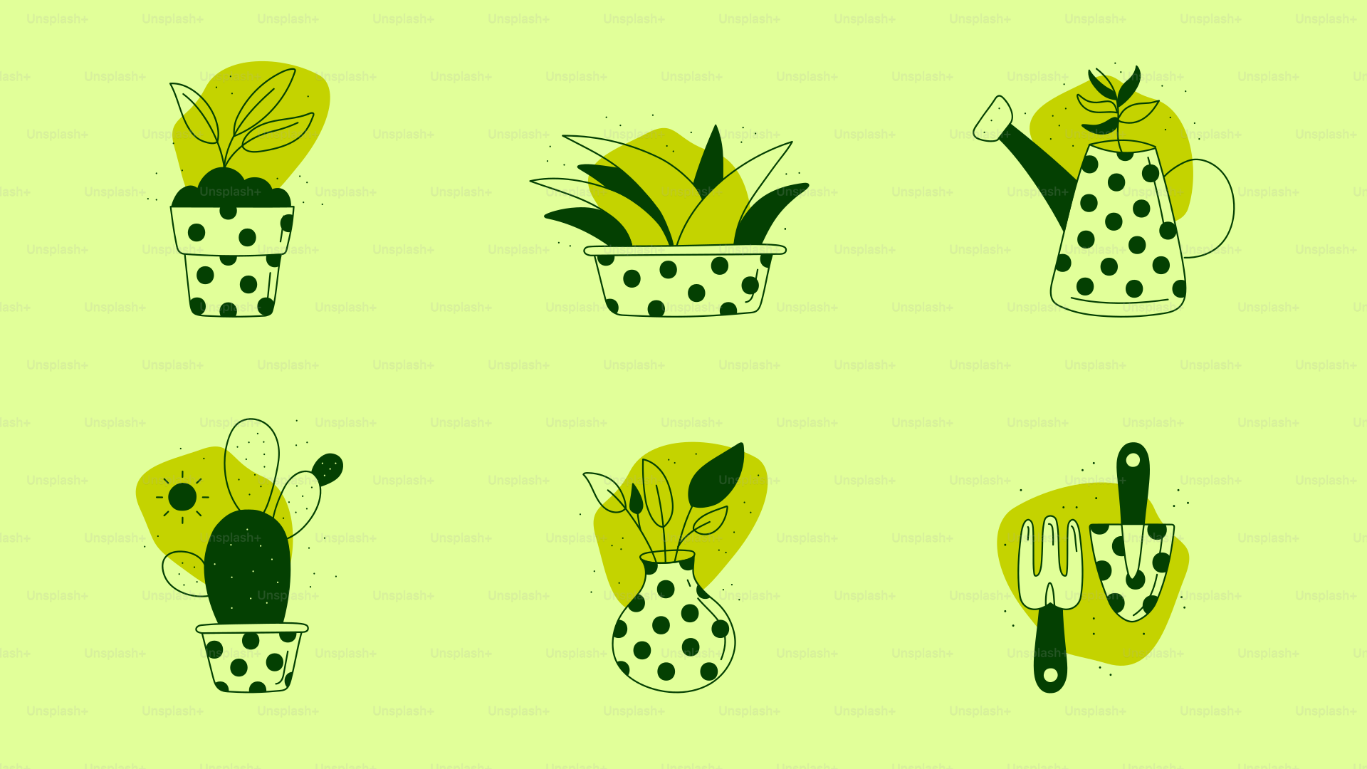 Green plants, pots, watering can, and gardening tools.