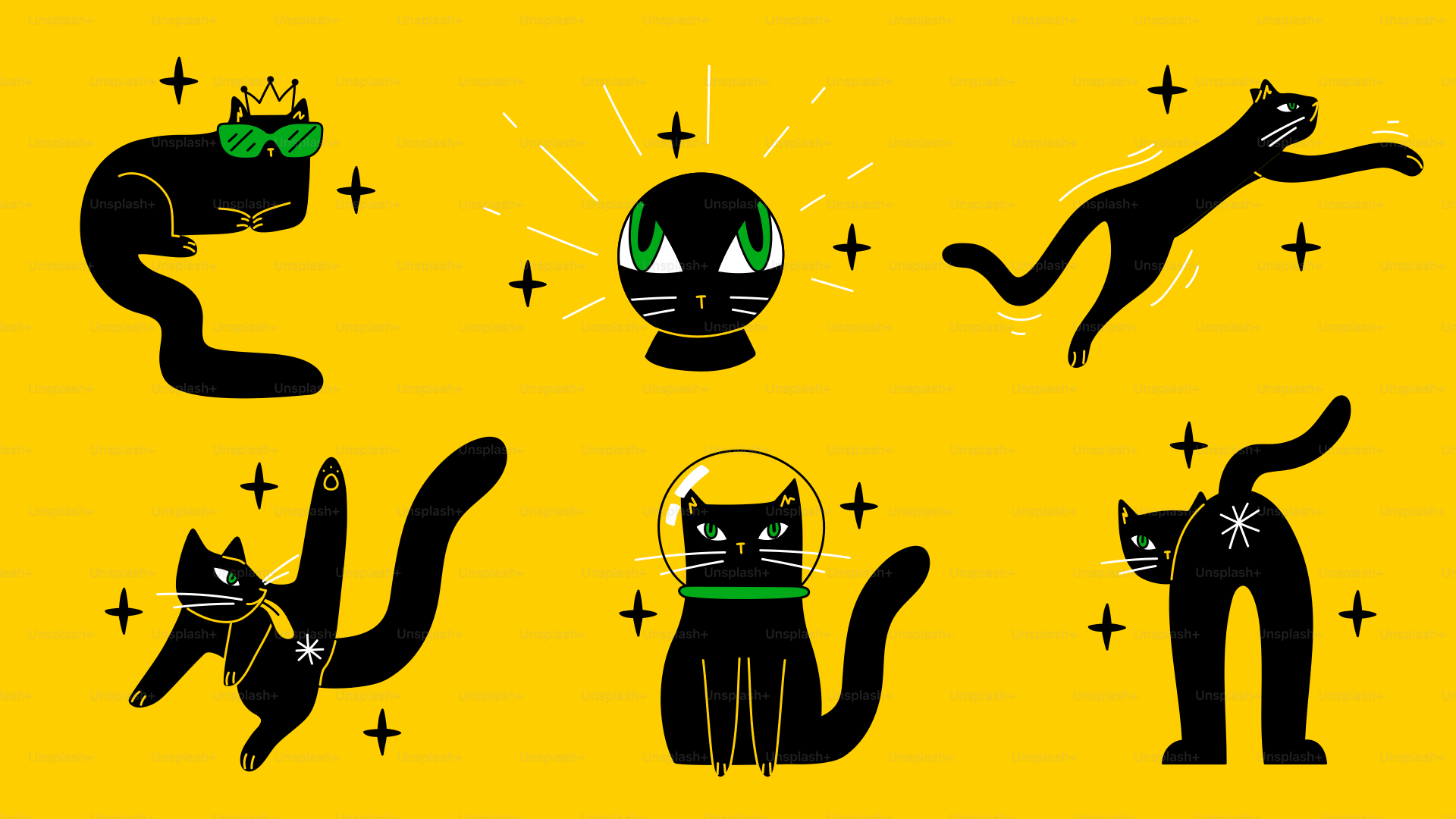 Cartoon cats in different poses and with accessories.