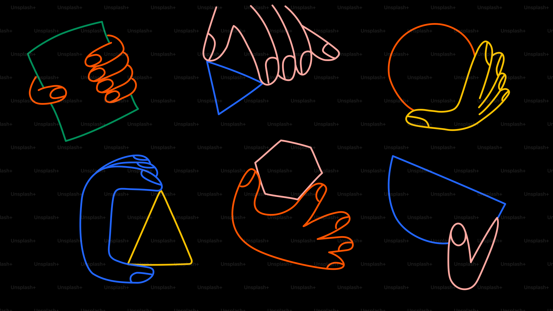 Hands hold different geometric shapes on black.