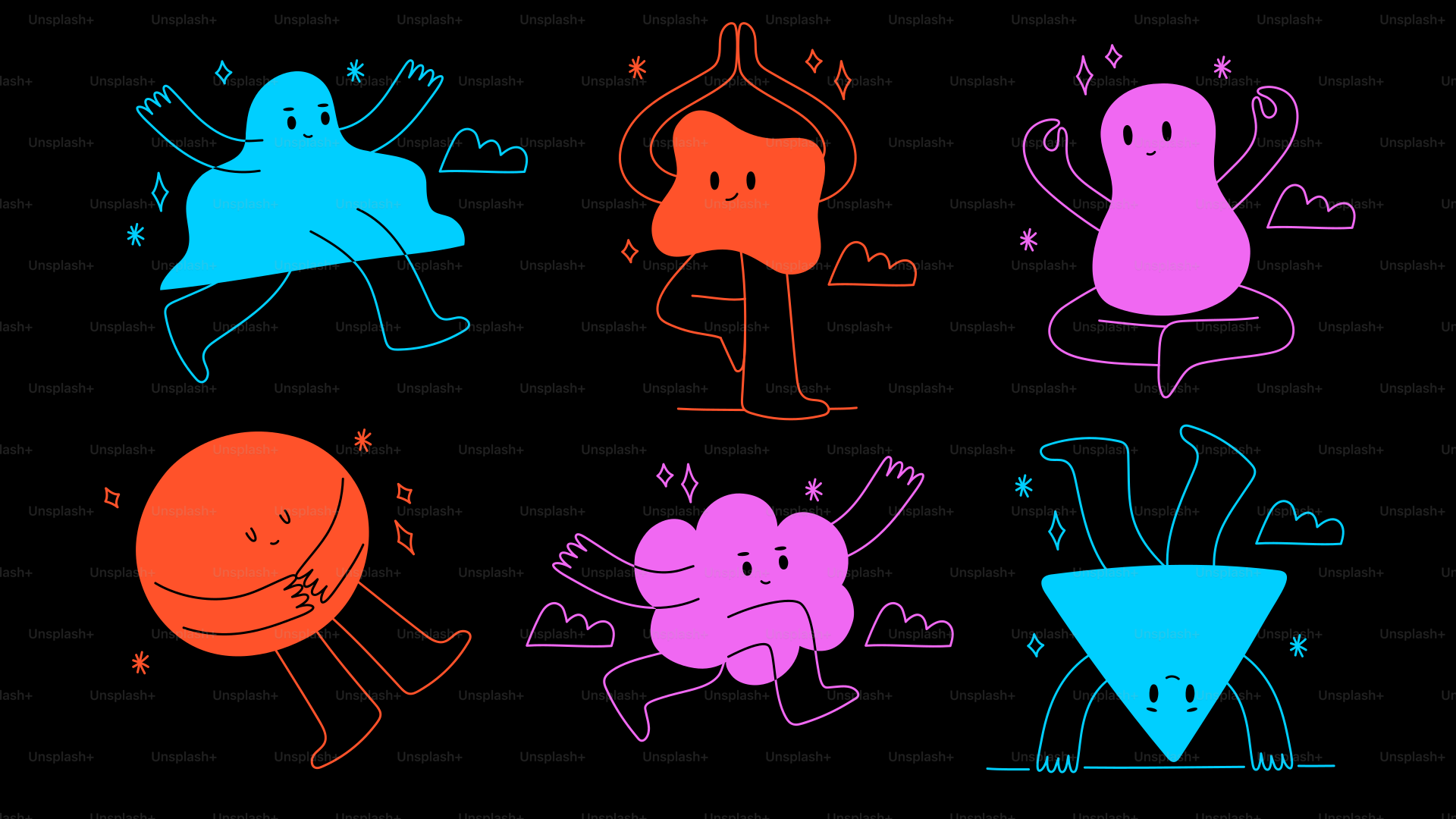 Cartoon characters performing various yoga poses.