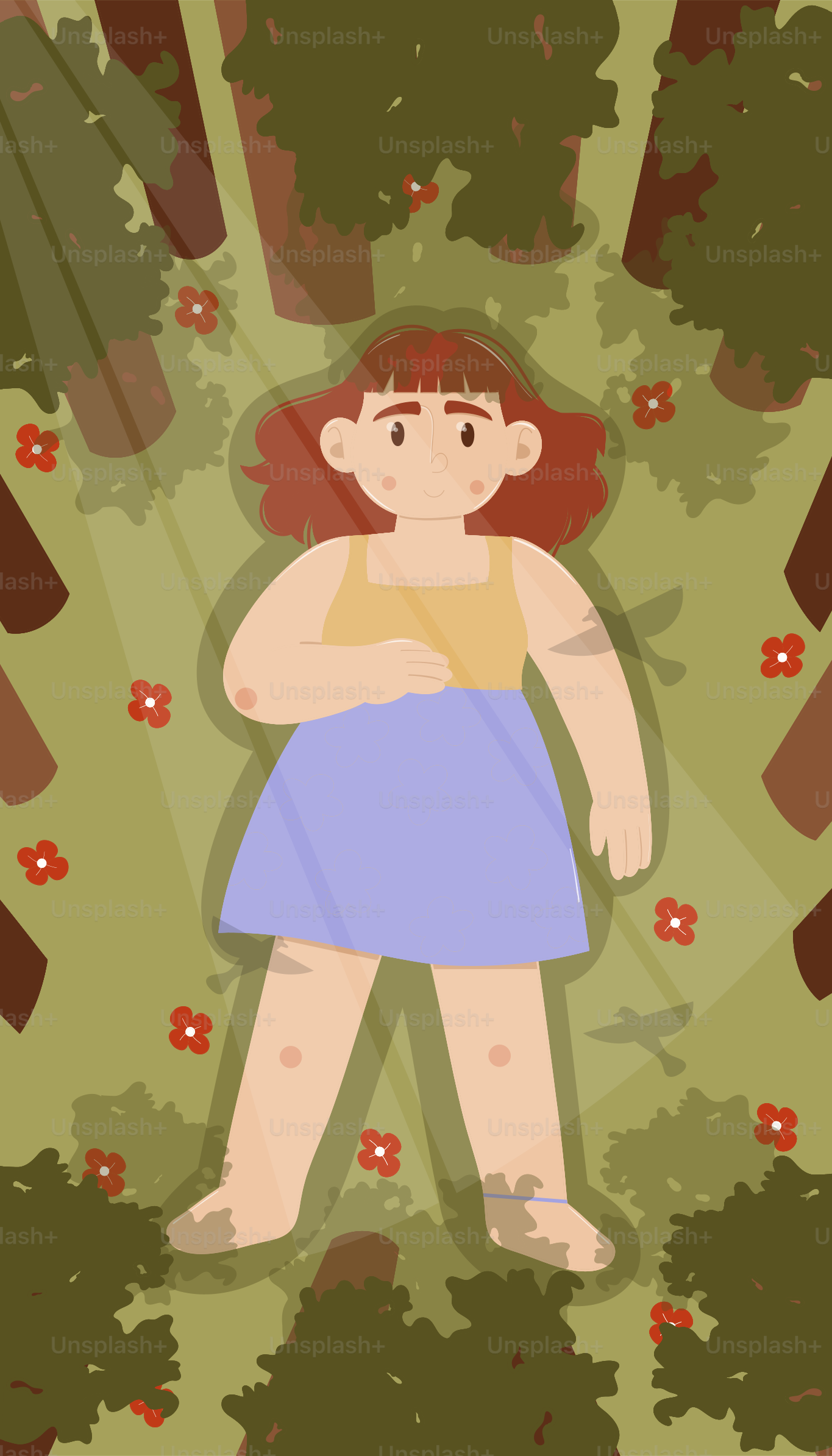Une fille est allongée entourée d’arbres.
