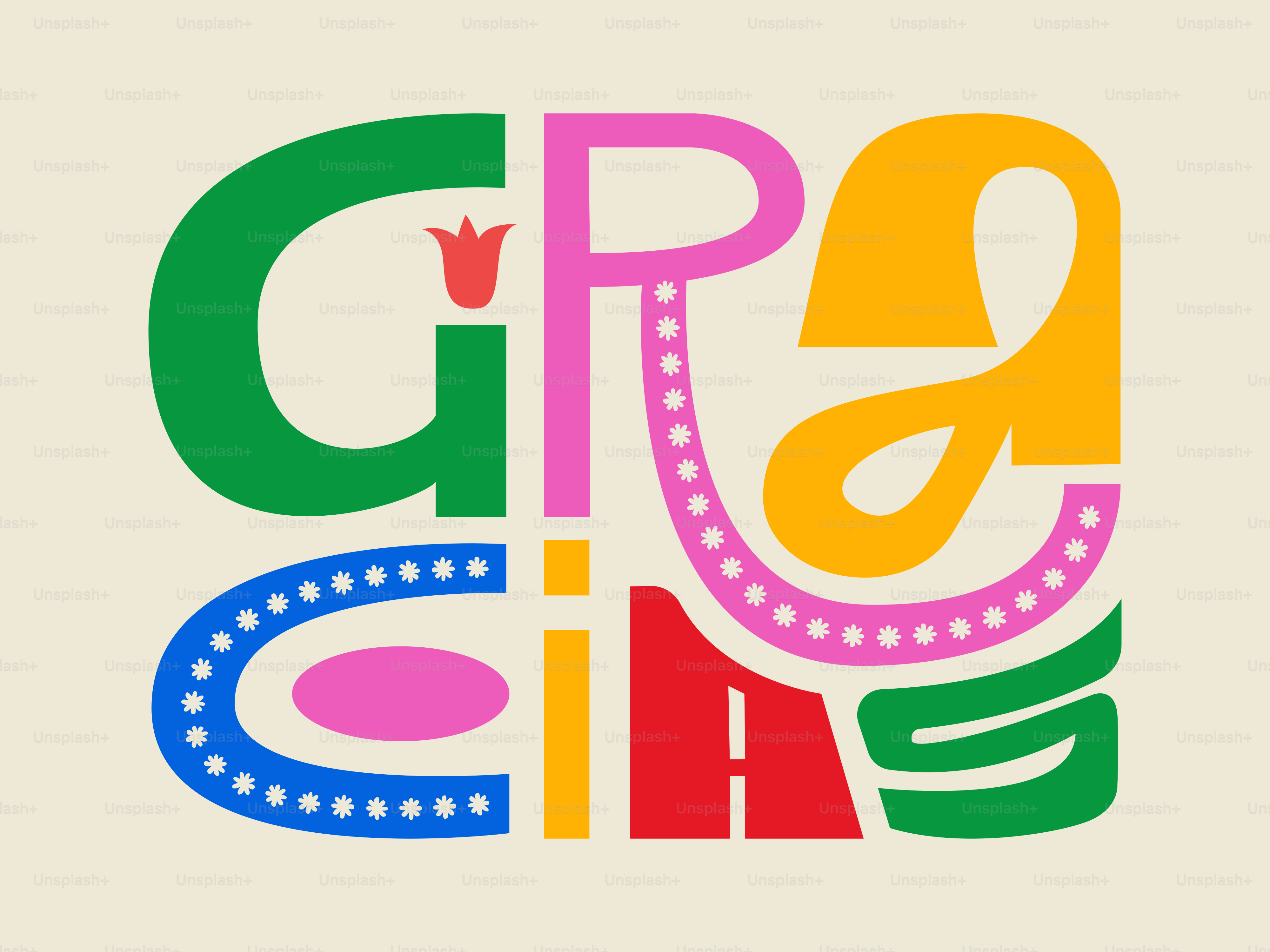 Das Bild zeigt das Wort "gracias" in farbenfroher Schrift.