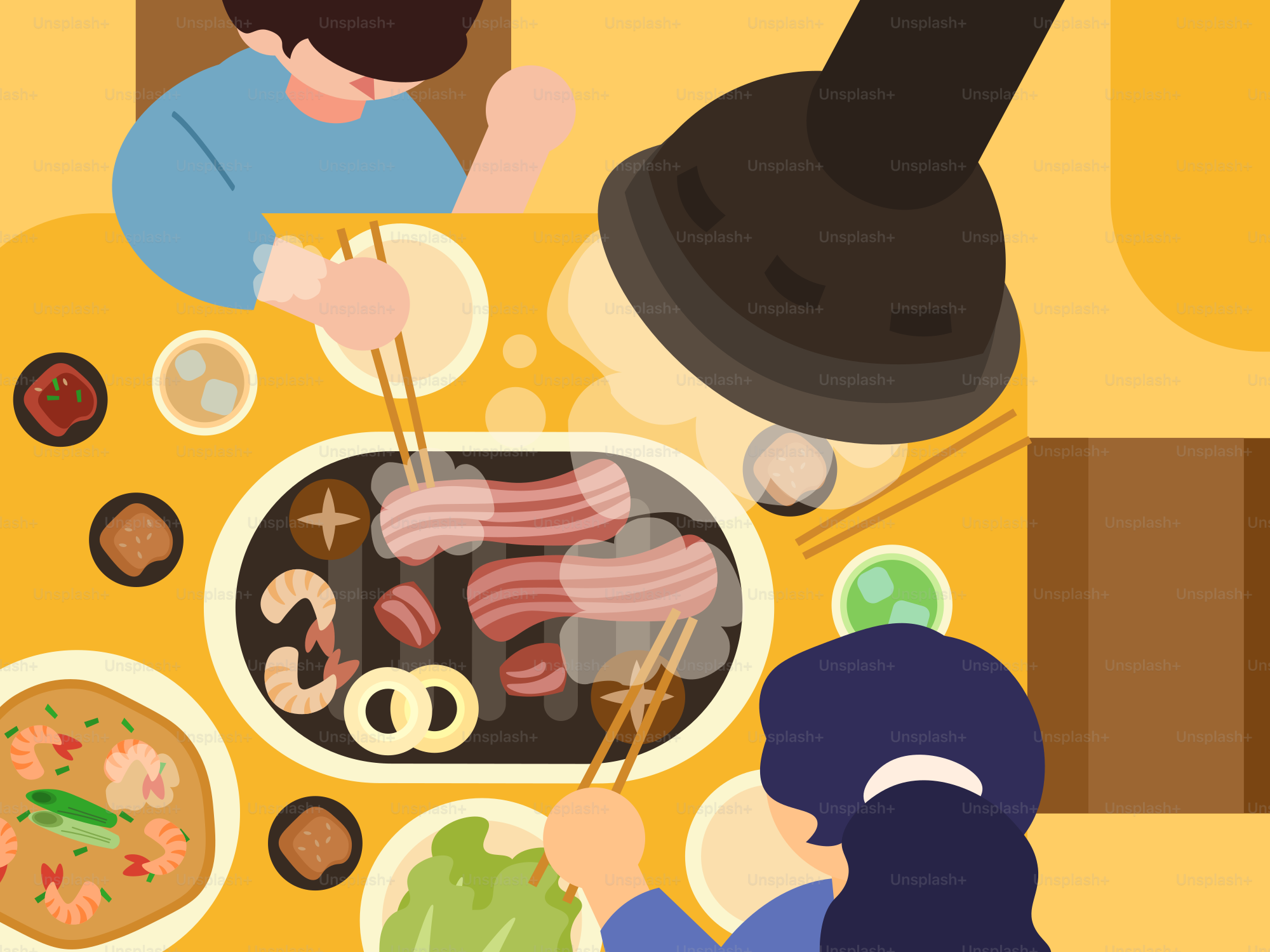 Le persone si stanno godendo un delizioso pasto barbecue coreano.