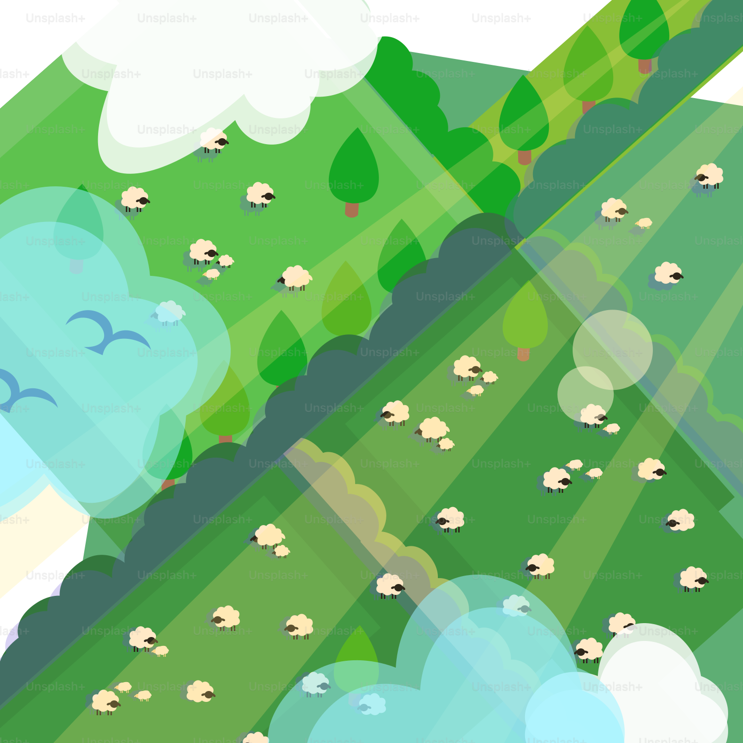 Sheep graze in a sunny, green field.