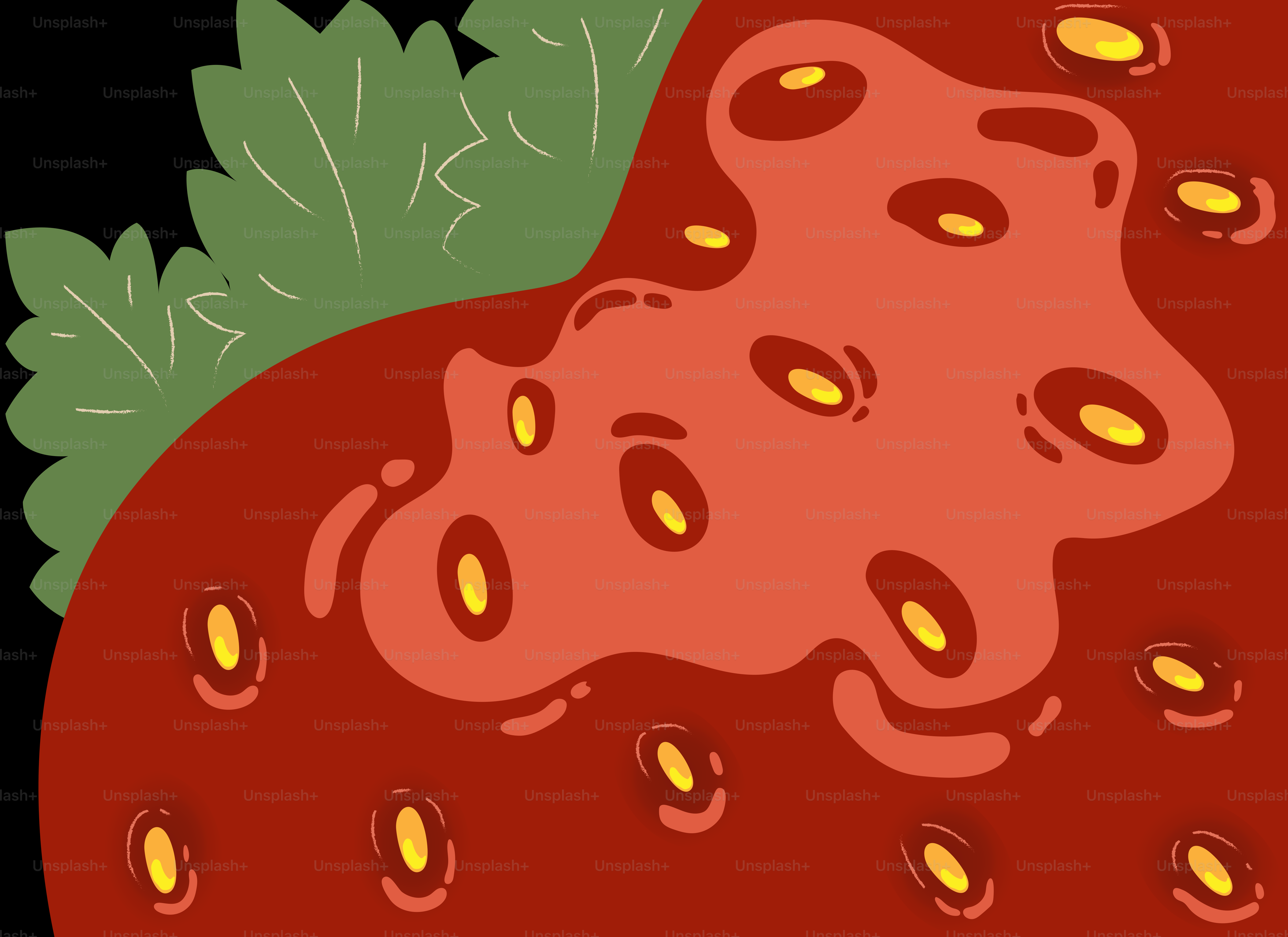 Eine Cartoon-Erdbeere mit ihren Samen ist abgebildet.