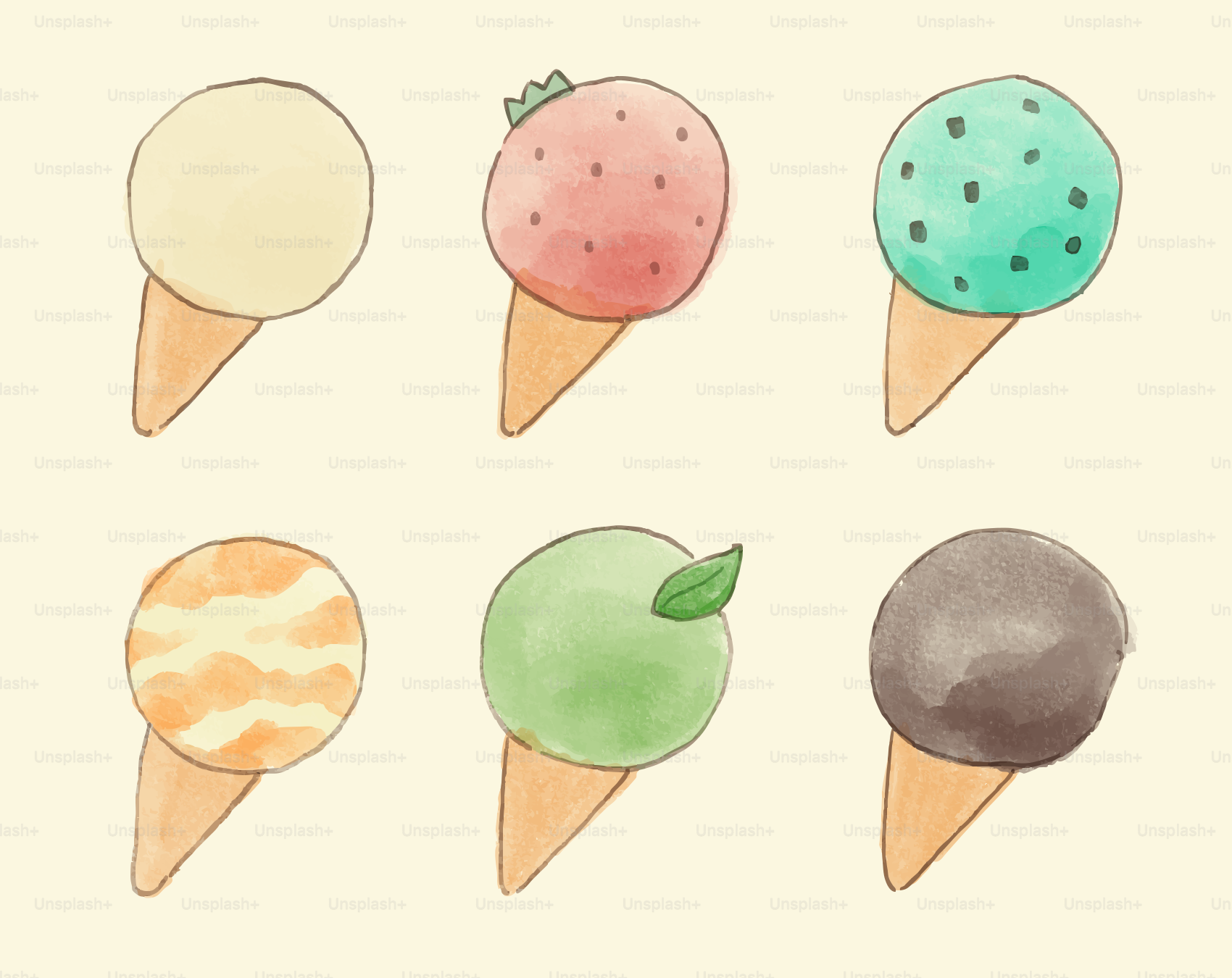 Watercolor ice cream cones in different flavors.
