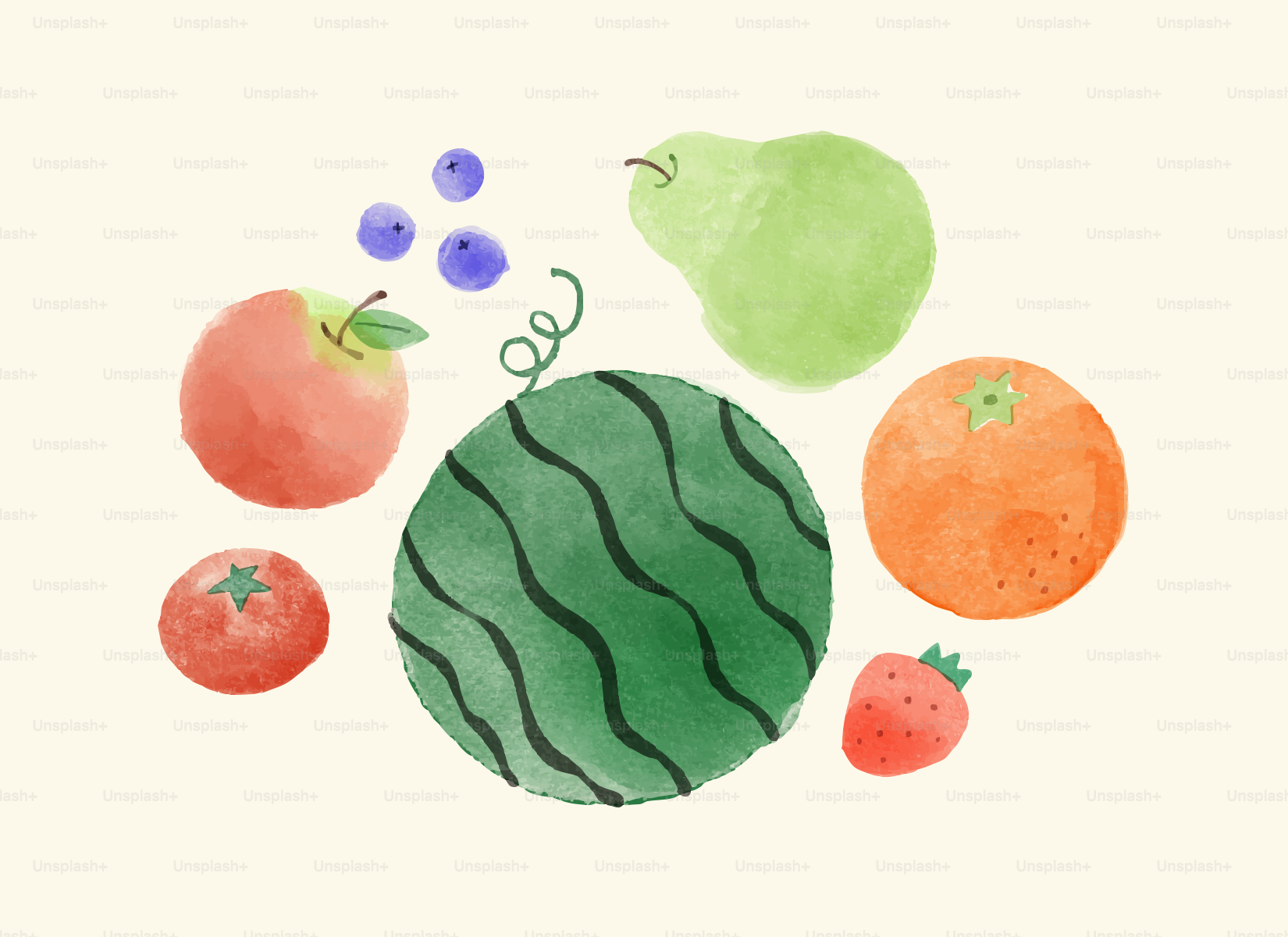 Watercolor fruits are arranged on a cream background.