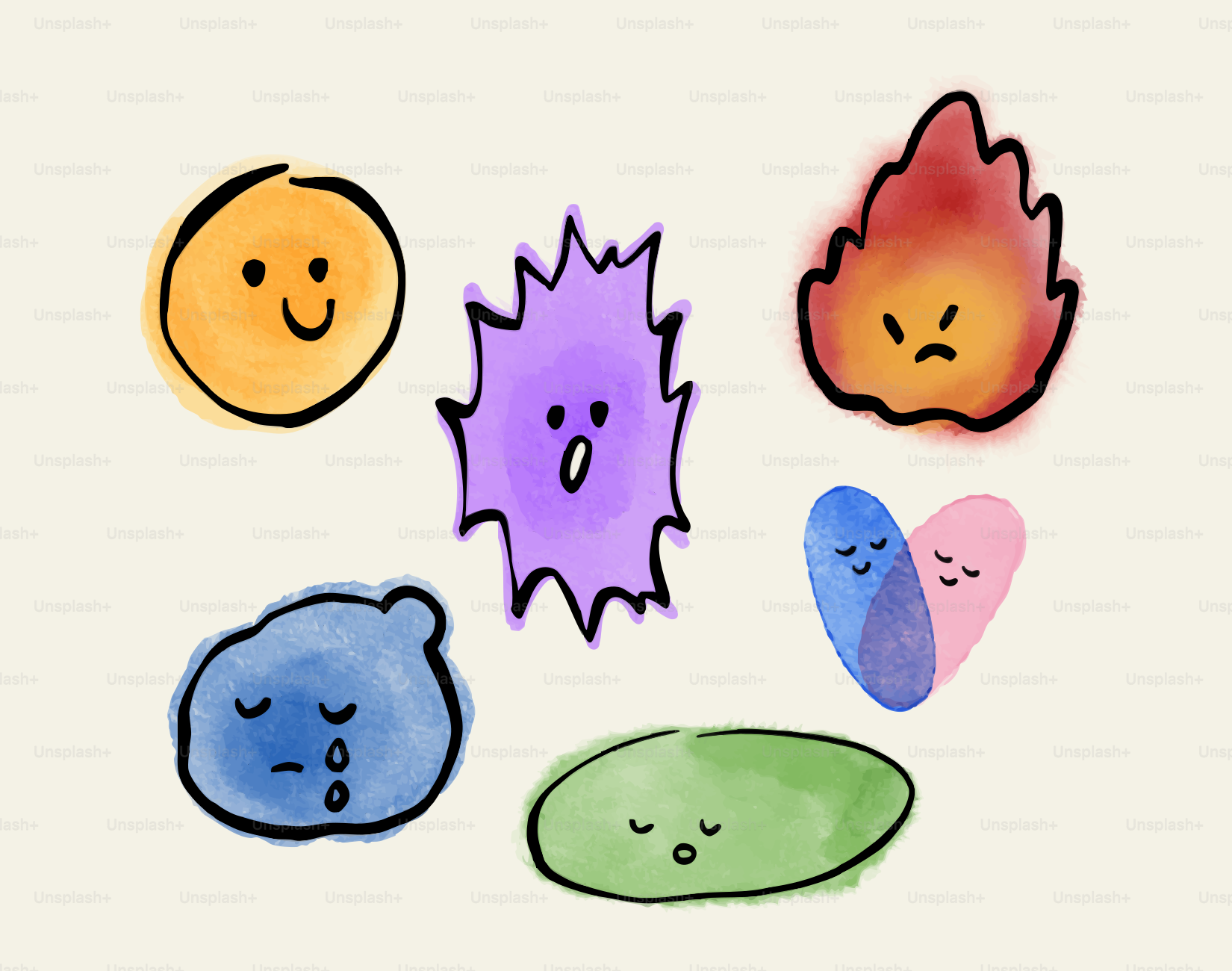 Watercolor illustrations depict various emotions.