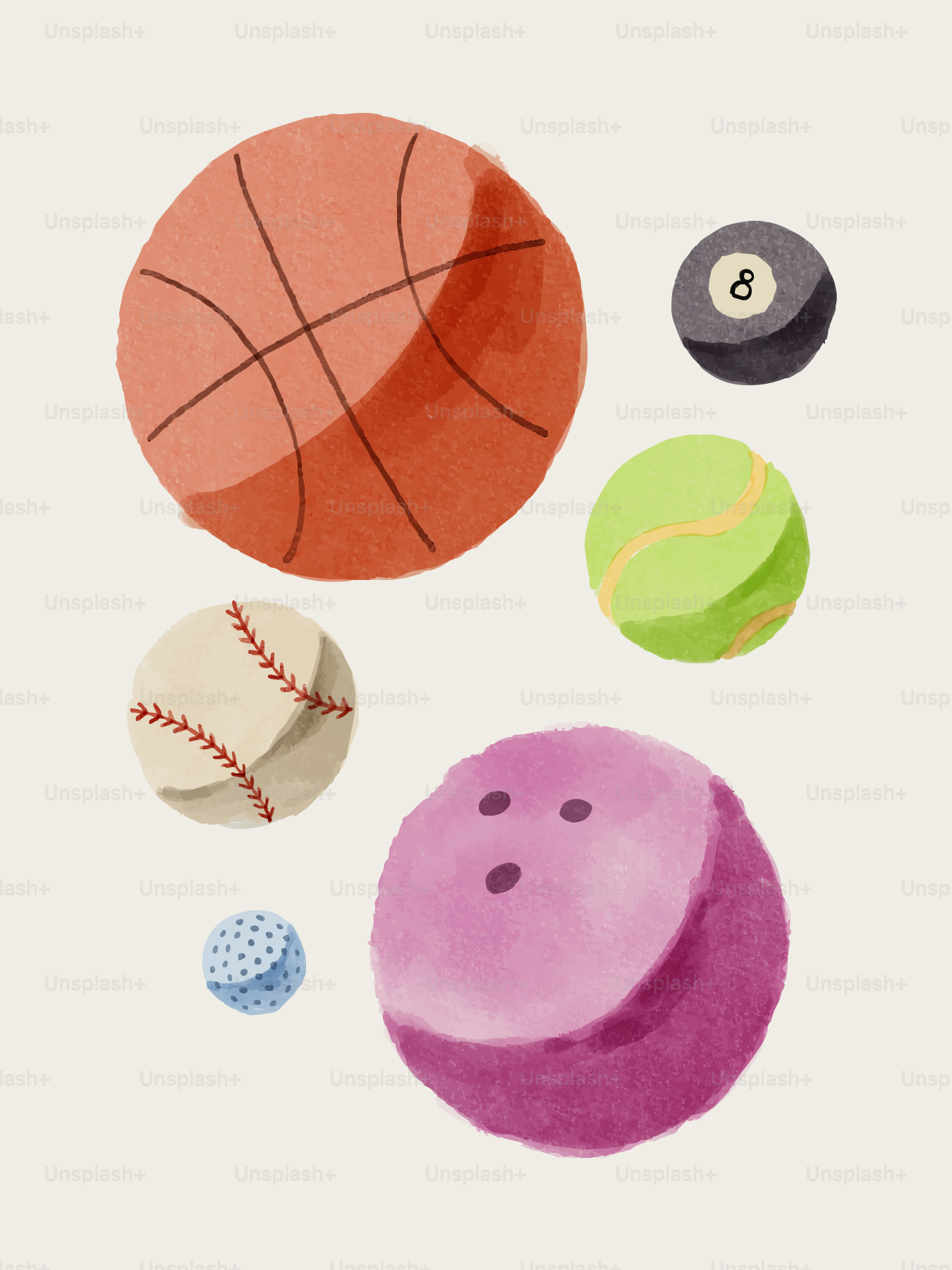 Watercolor balls depicting various sports equipment.