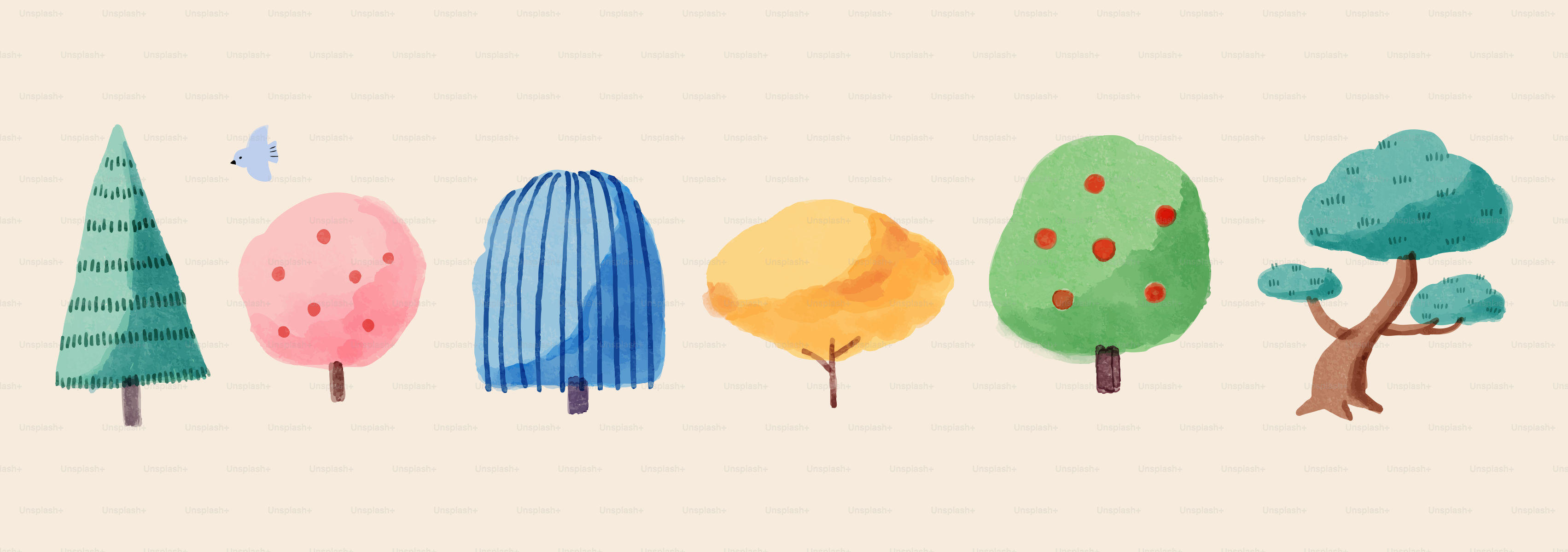 Here's a short caption for the image: watercolor trees of various shapes and colors.