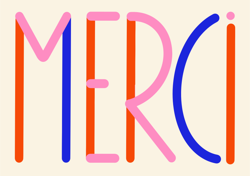 It says "merci" in colorful, stylized letters.