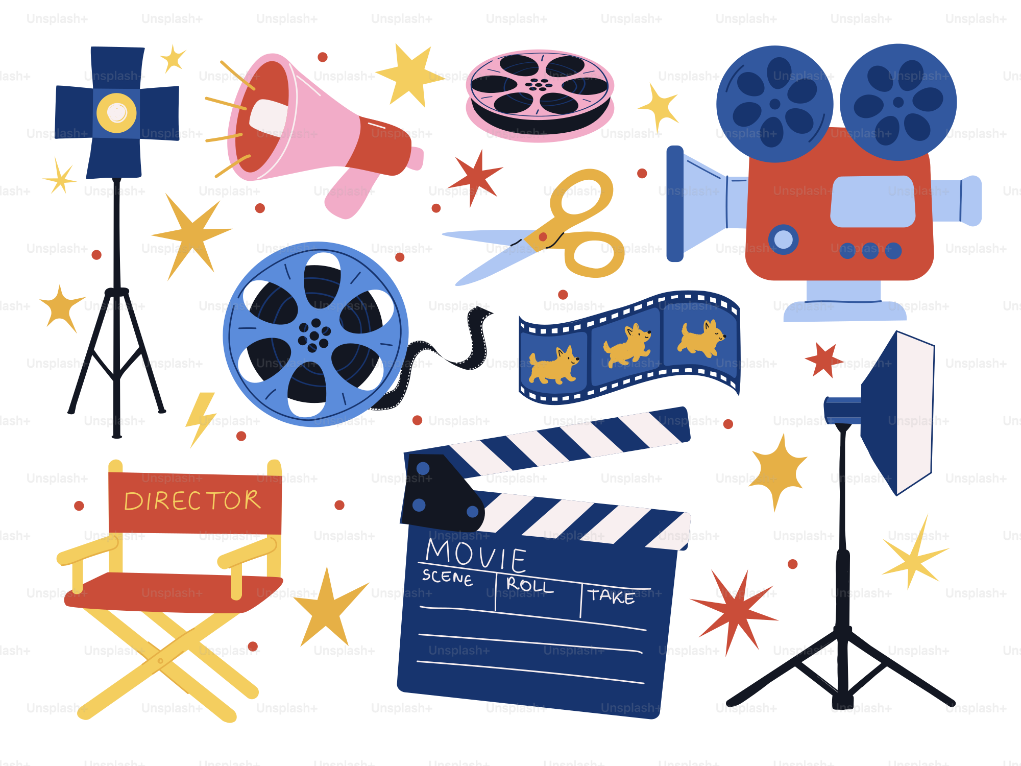 Movie equipment and props are depicted in the illustration.