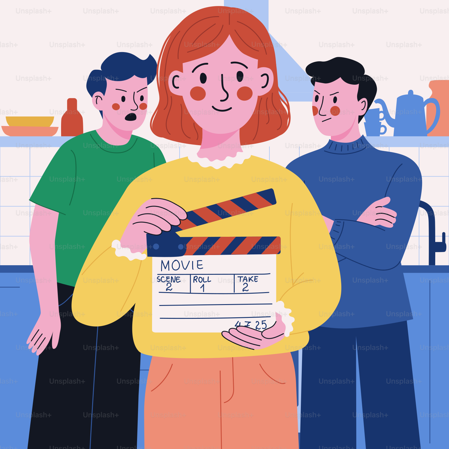 A woman holds a clapperboard with two men.